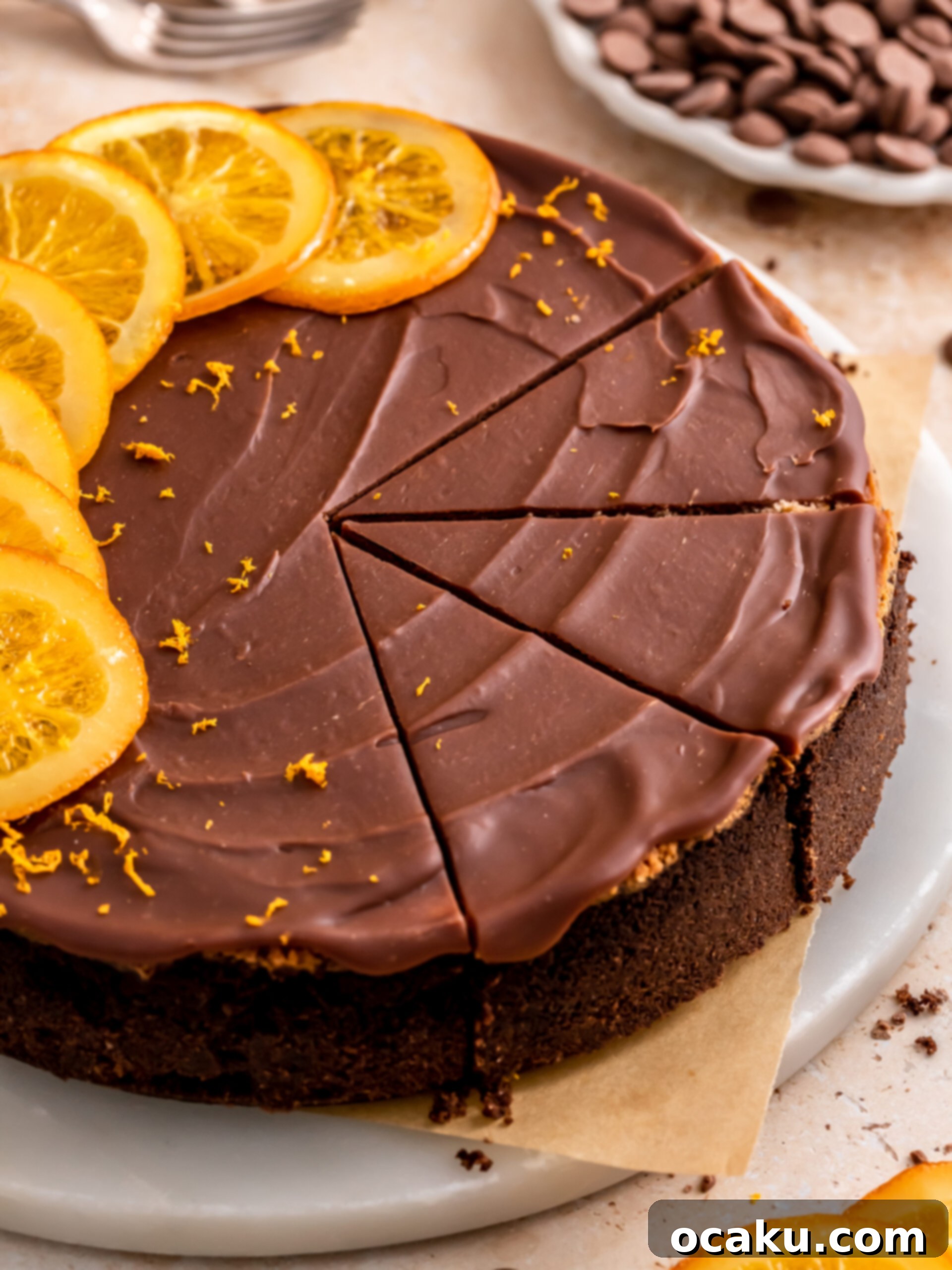 Decadent Chocolate Orange Cheesecake 2 A beautifully sliced chocolate orange cheesecake garnished with candied orange slices.
