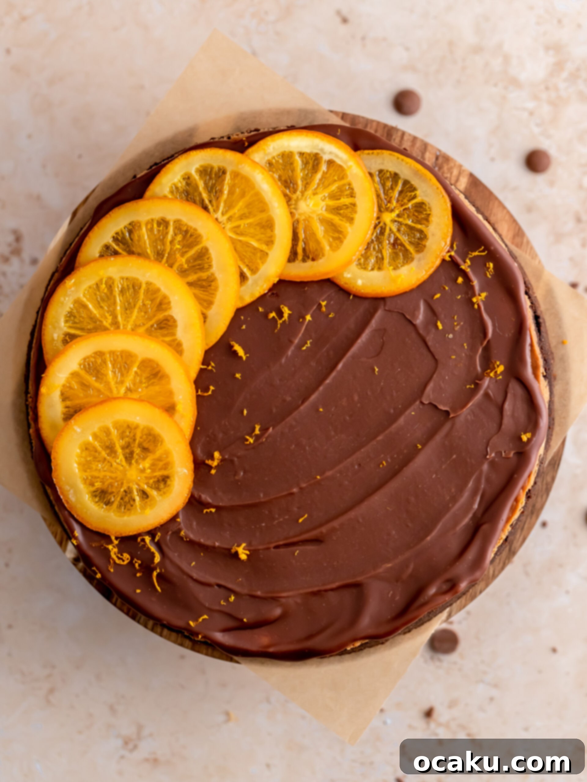 Decadent Chocolate Orange Cheesecake 9 Chocolate orange ganache poured over a cheesecake.
