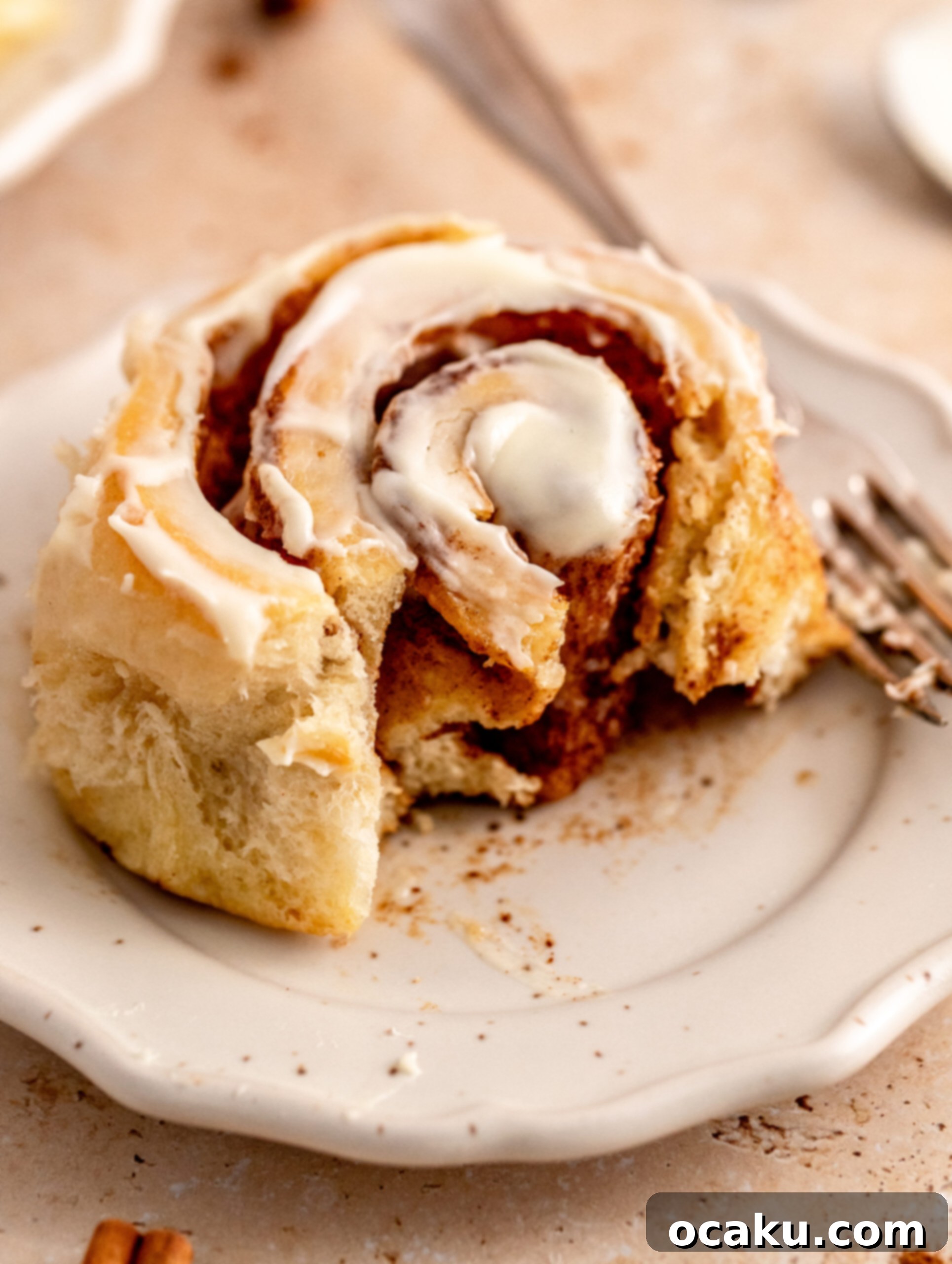 A plate of two perfectly frosted brioche cinnamon rolls, ready to be eaten