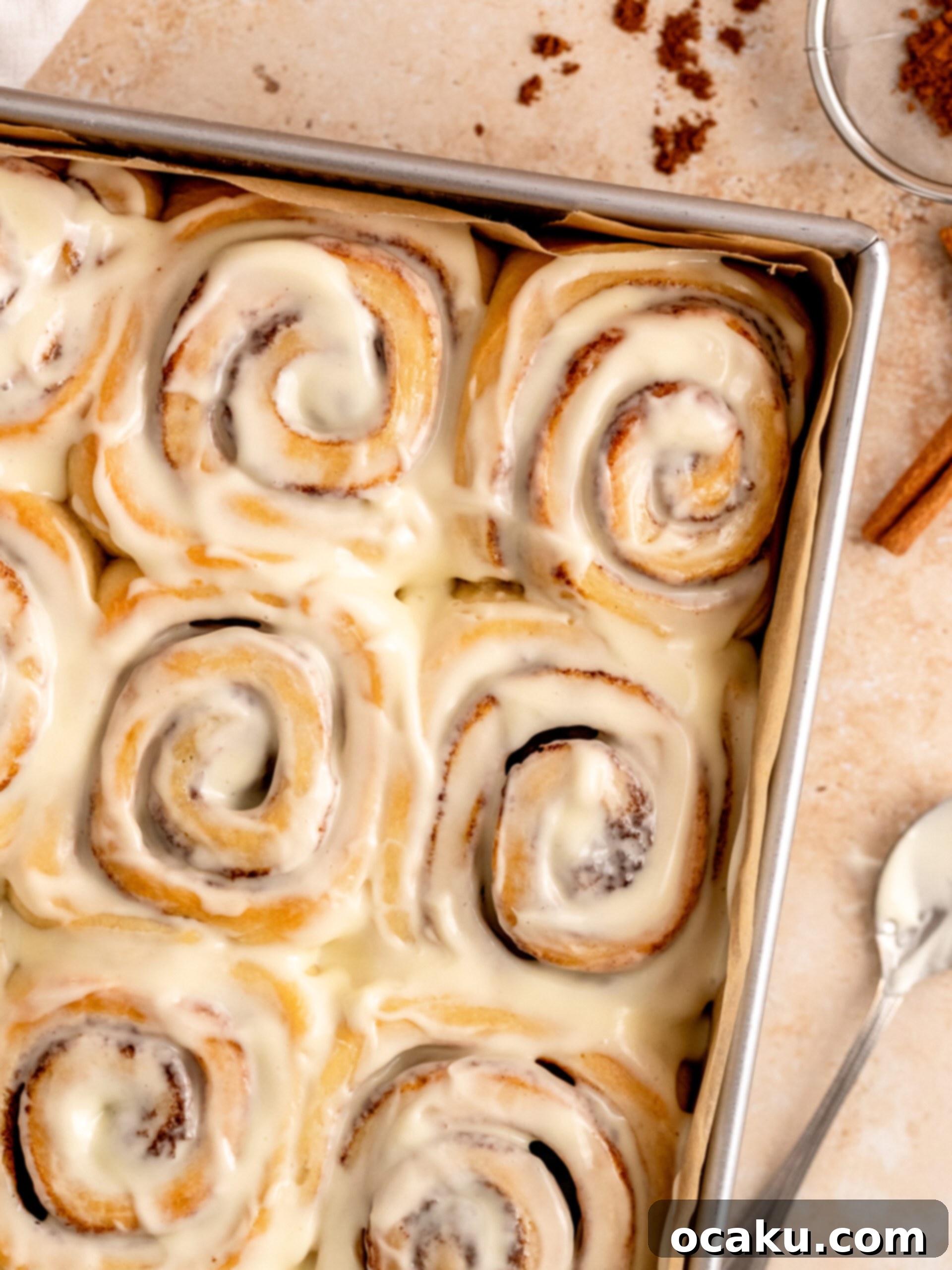 Closeup of brioche cinnamon rolls, showing their soft, fluffy texture and golden-brown edges