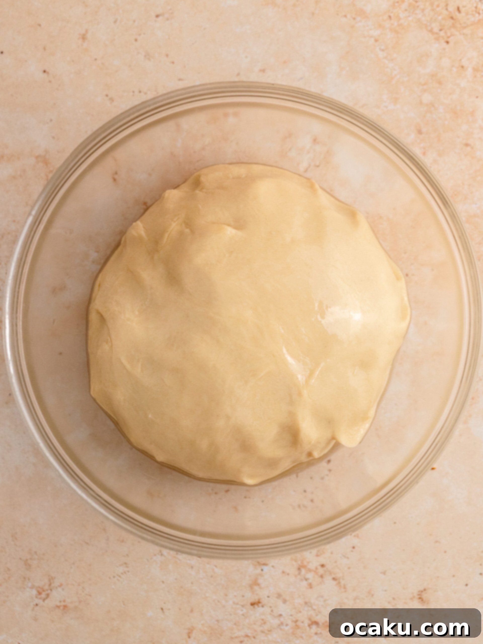 Brioche dough after its first rise, visibly doubled in volume and smooth
