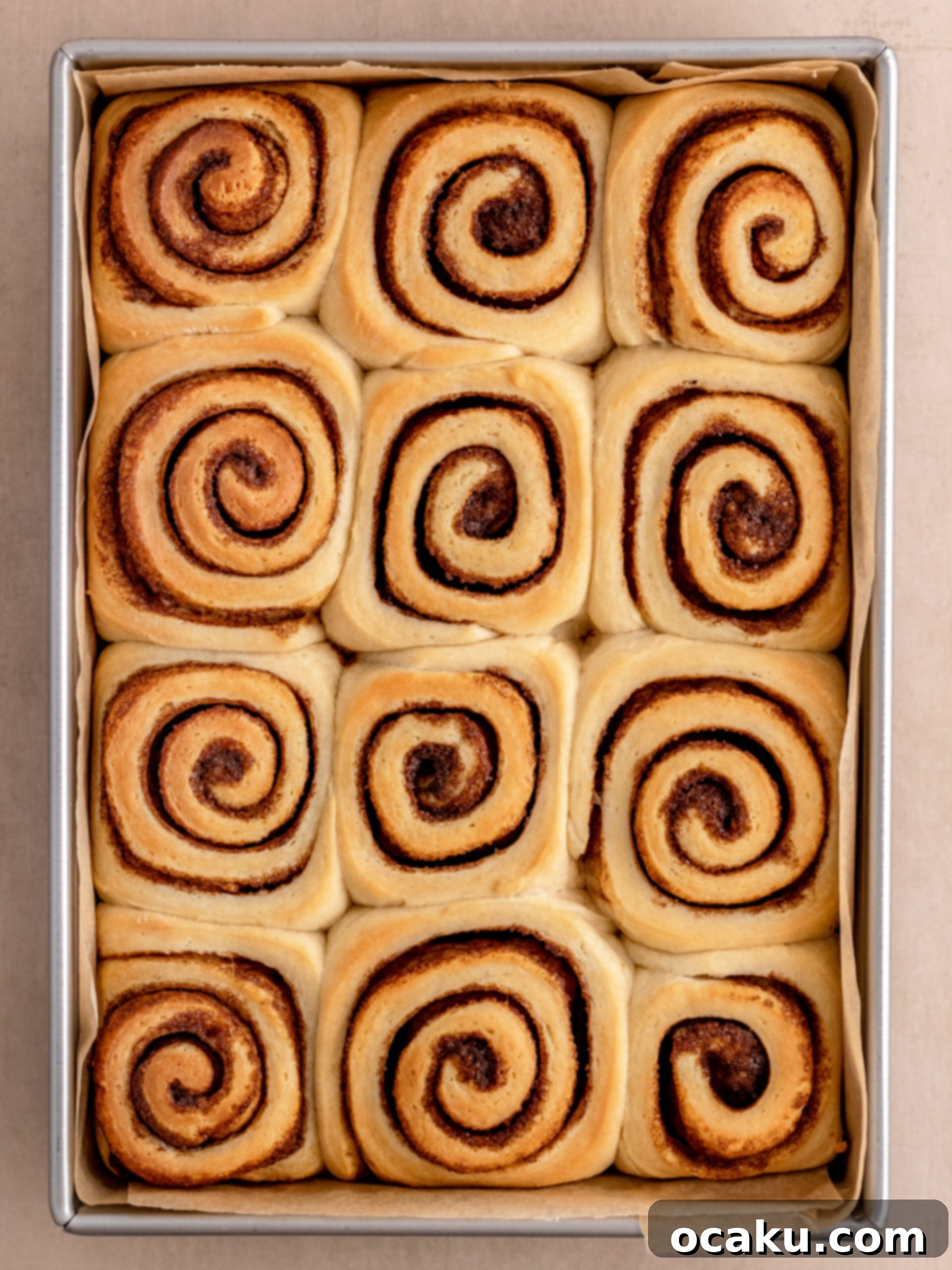 Freshly baked golden-brown brioche cinnamon rolls, just out of the oven
