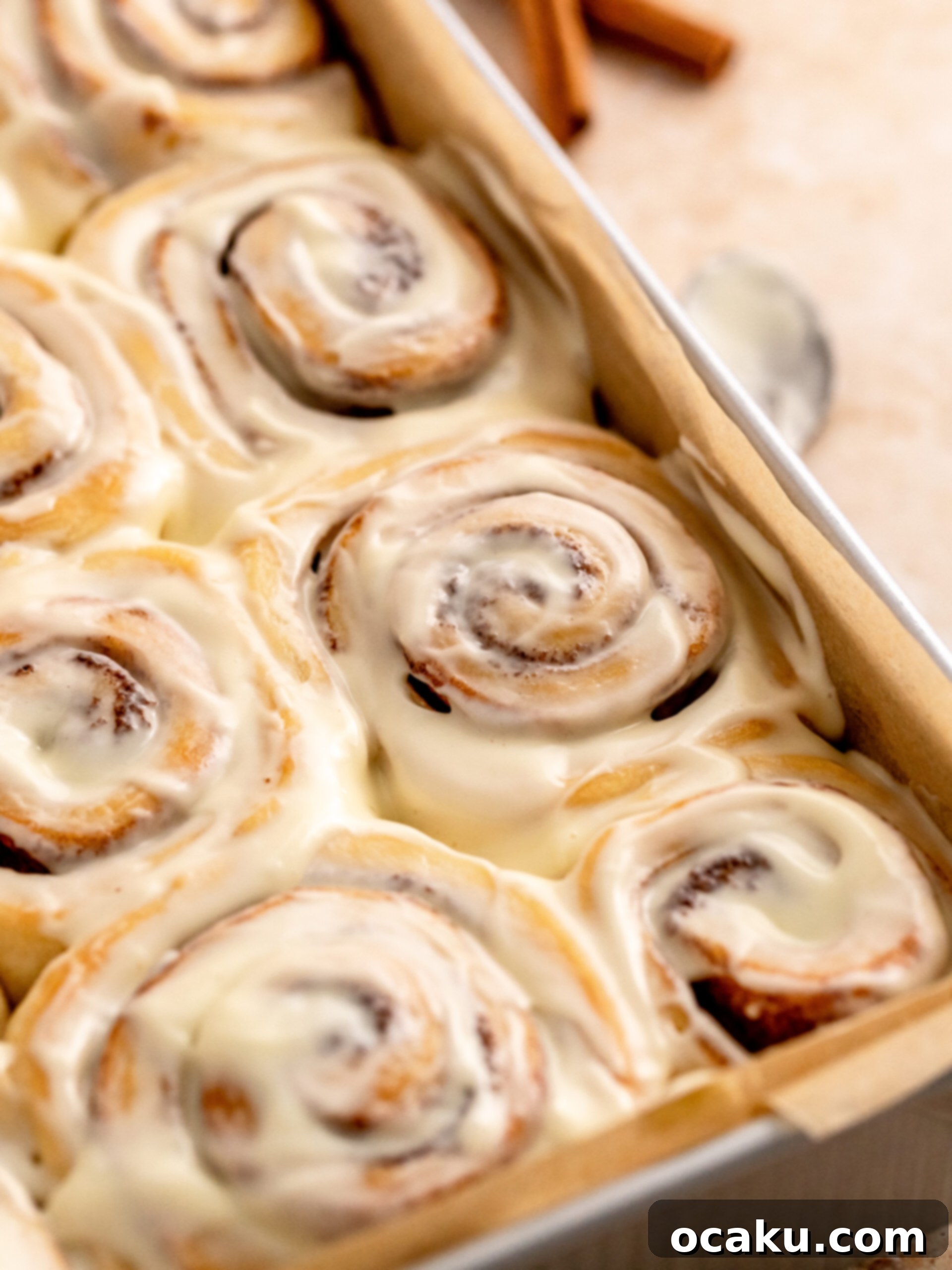 A close-up shot of a single brioche cinnamon roll, highlighting its soft, fluffy interior