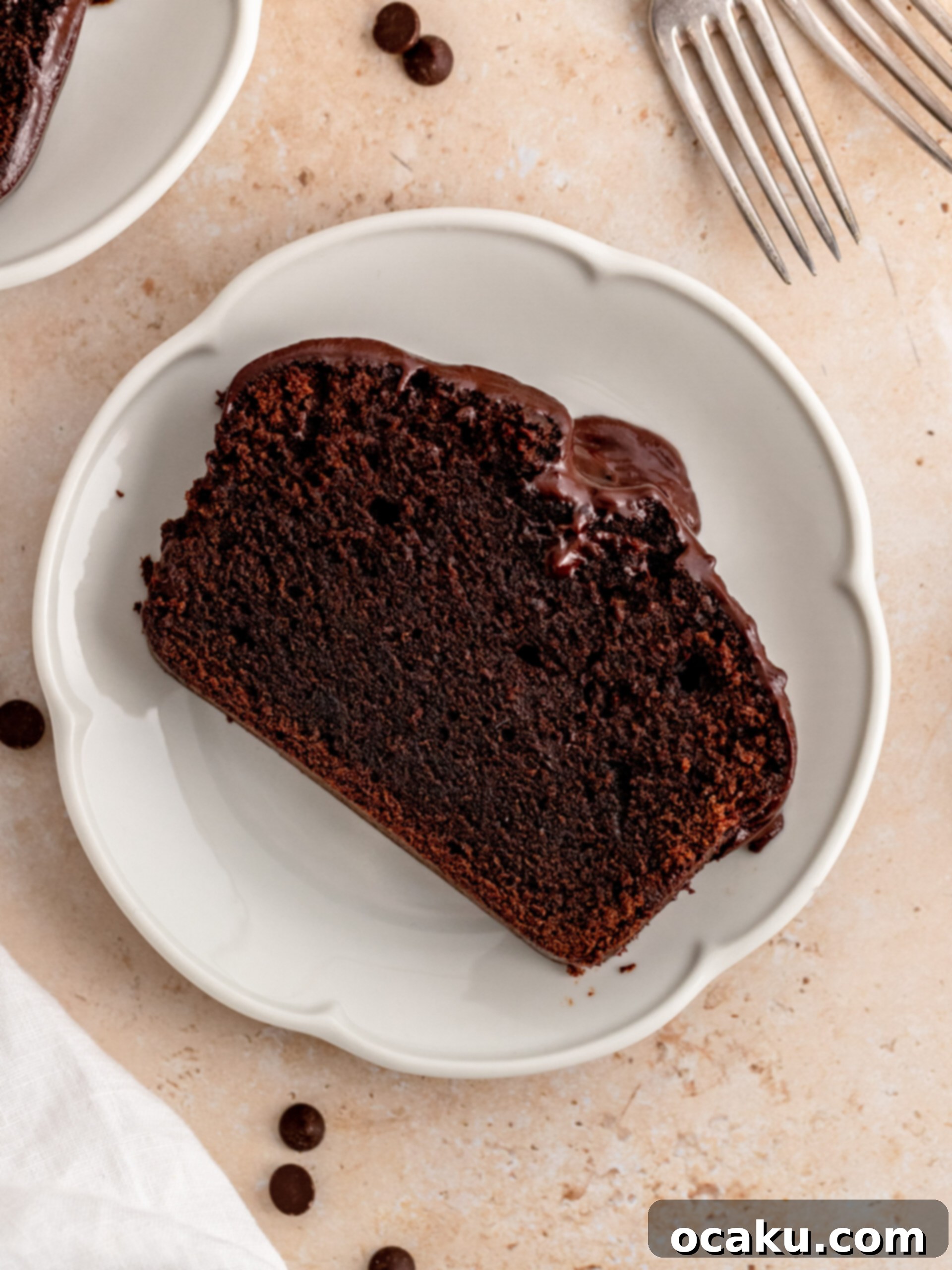 Decadent Chocolate Sour Cream Pound Cake 12 Close-up of a generous slice of chocolate sour cream pound cake.