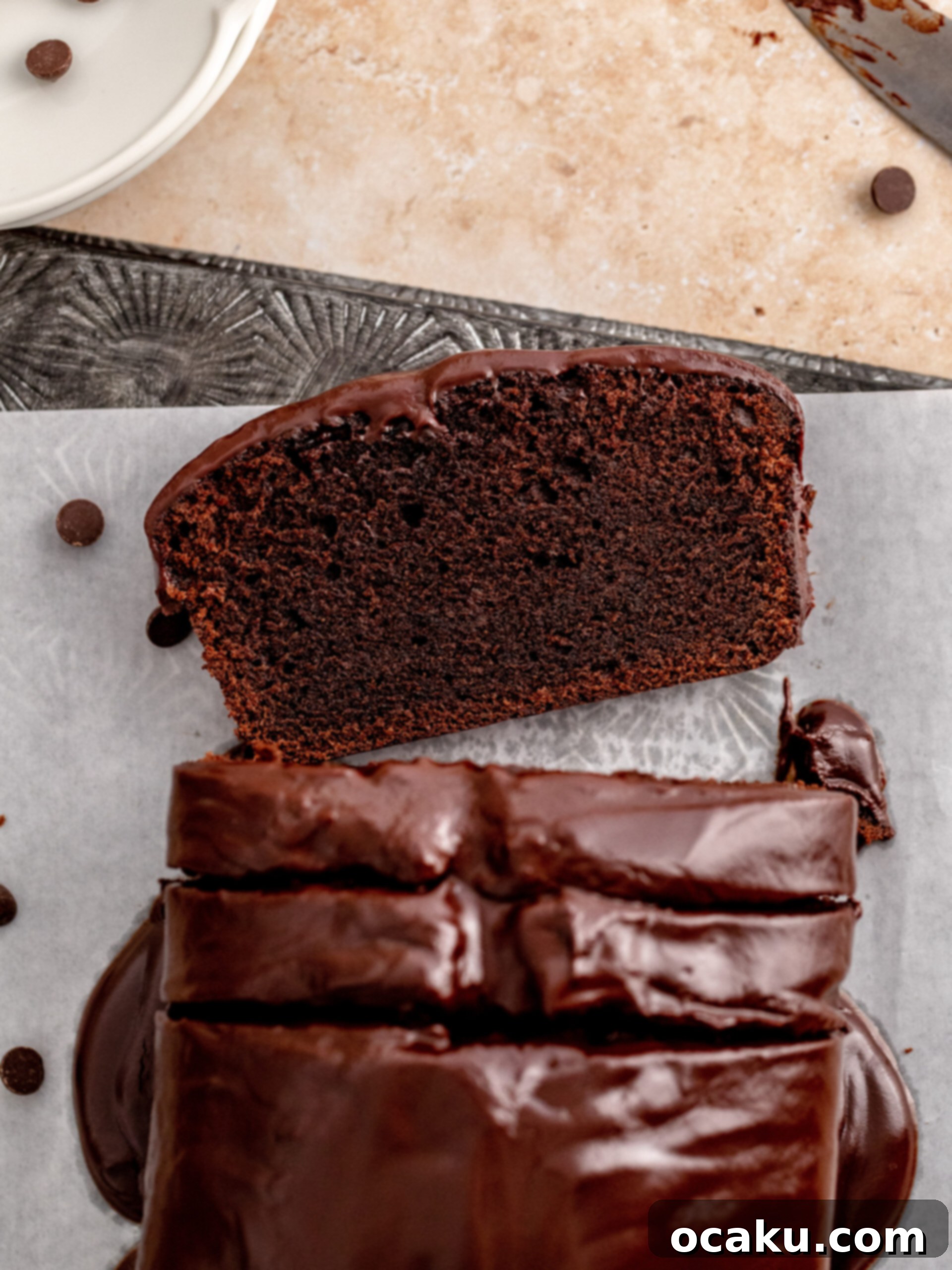 Aperol Spritz Cheesecake Close-up of the perfectly baked chocolate sour cream pound cake loaf.