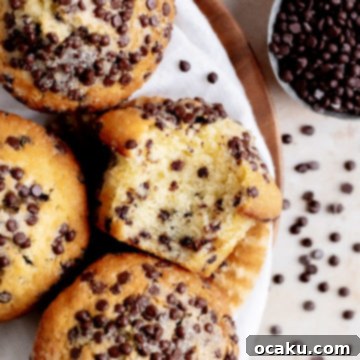 A close-up shot of a single bakery-style chocolate chip muffin with a tall, domed top and visible chocolate chips.
