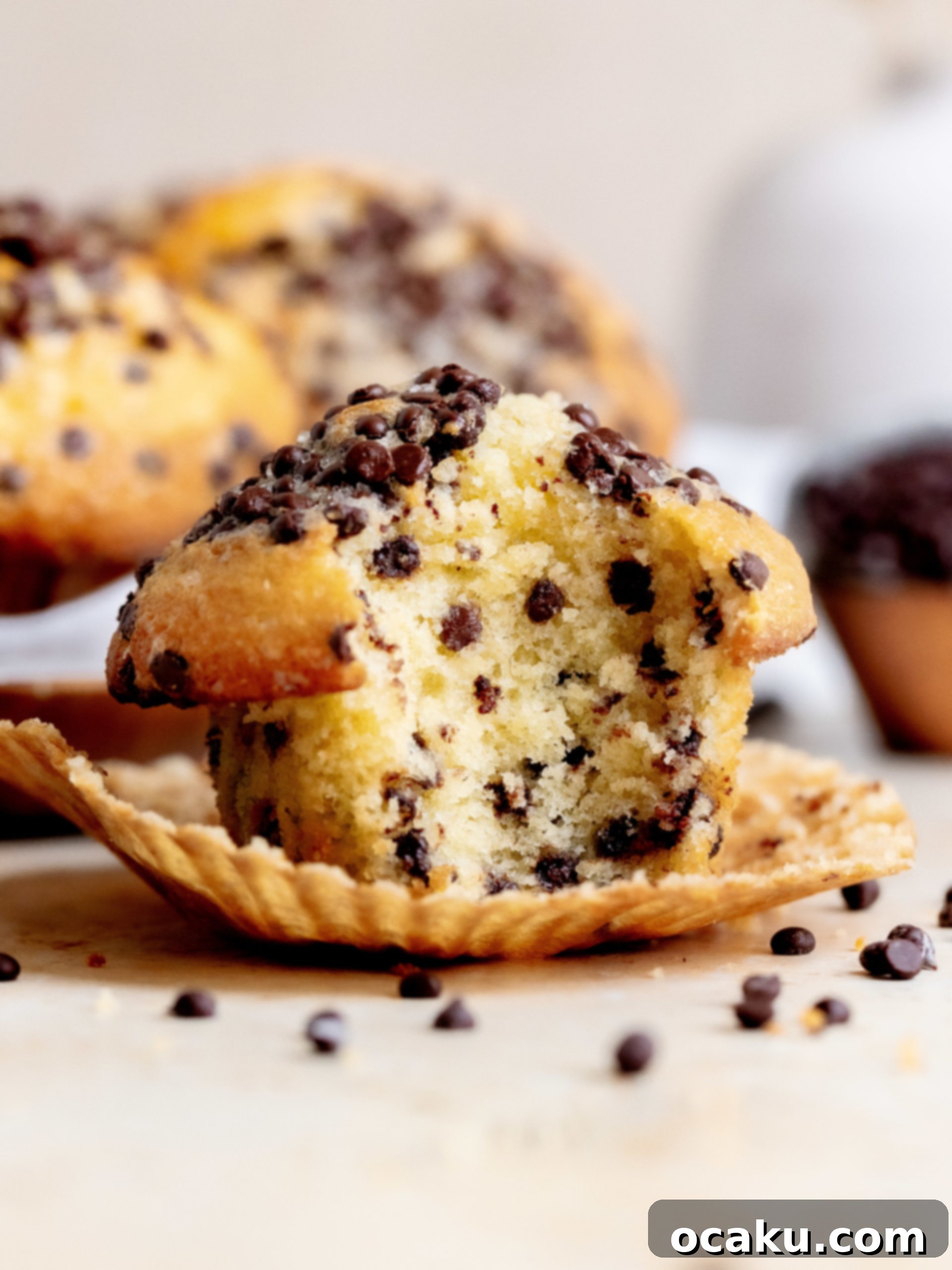 Close-up of the fluffy interior of a chocolate chip muffin, revealing melted mini chocolate chips and a soft, tender crumb.