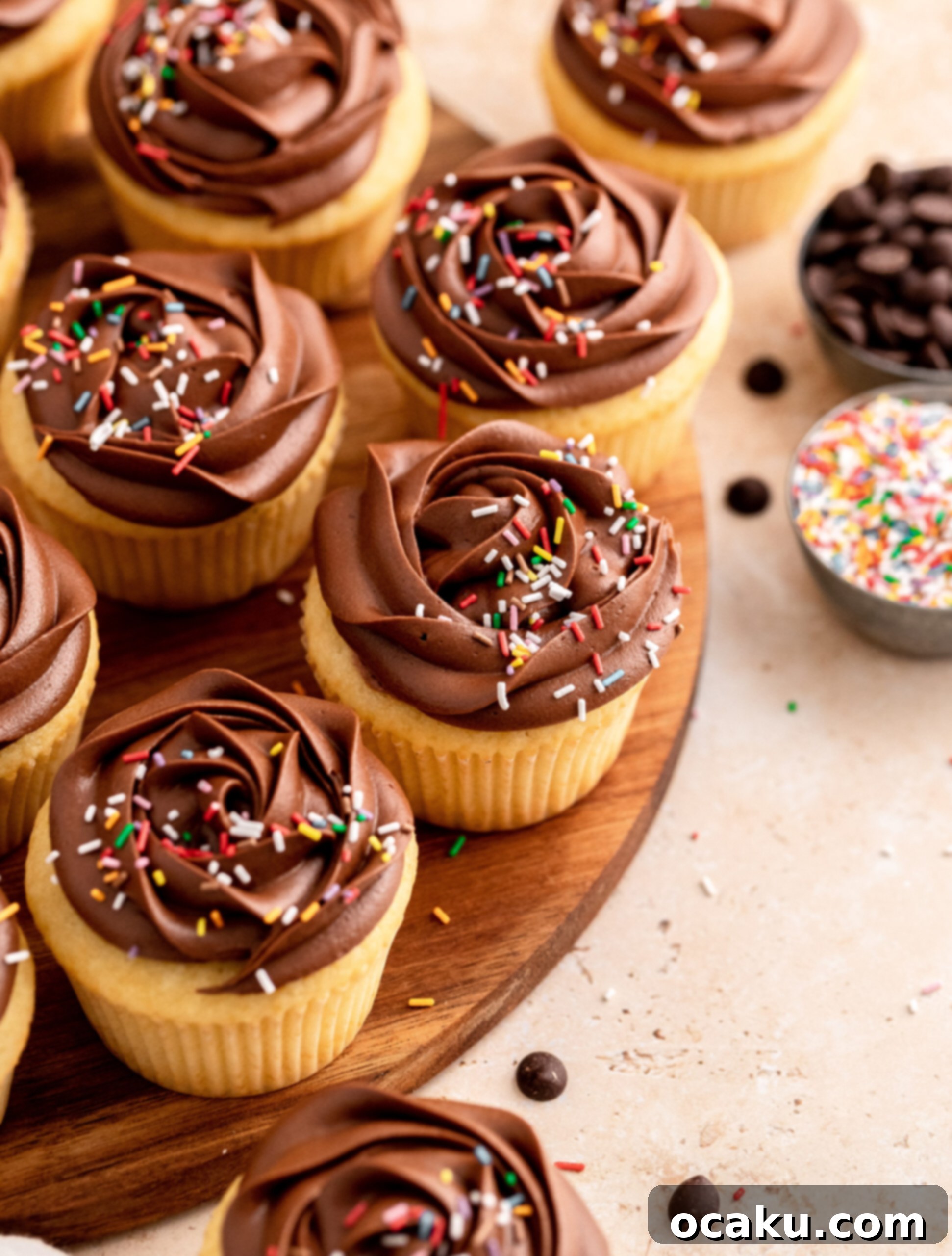 A freshly baked vanilla cupcake with a small swirl of chocolate buttercream.