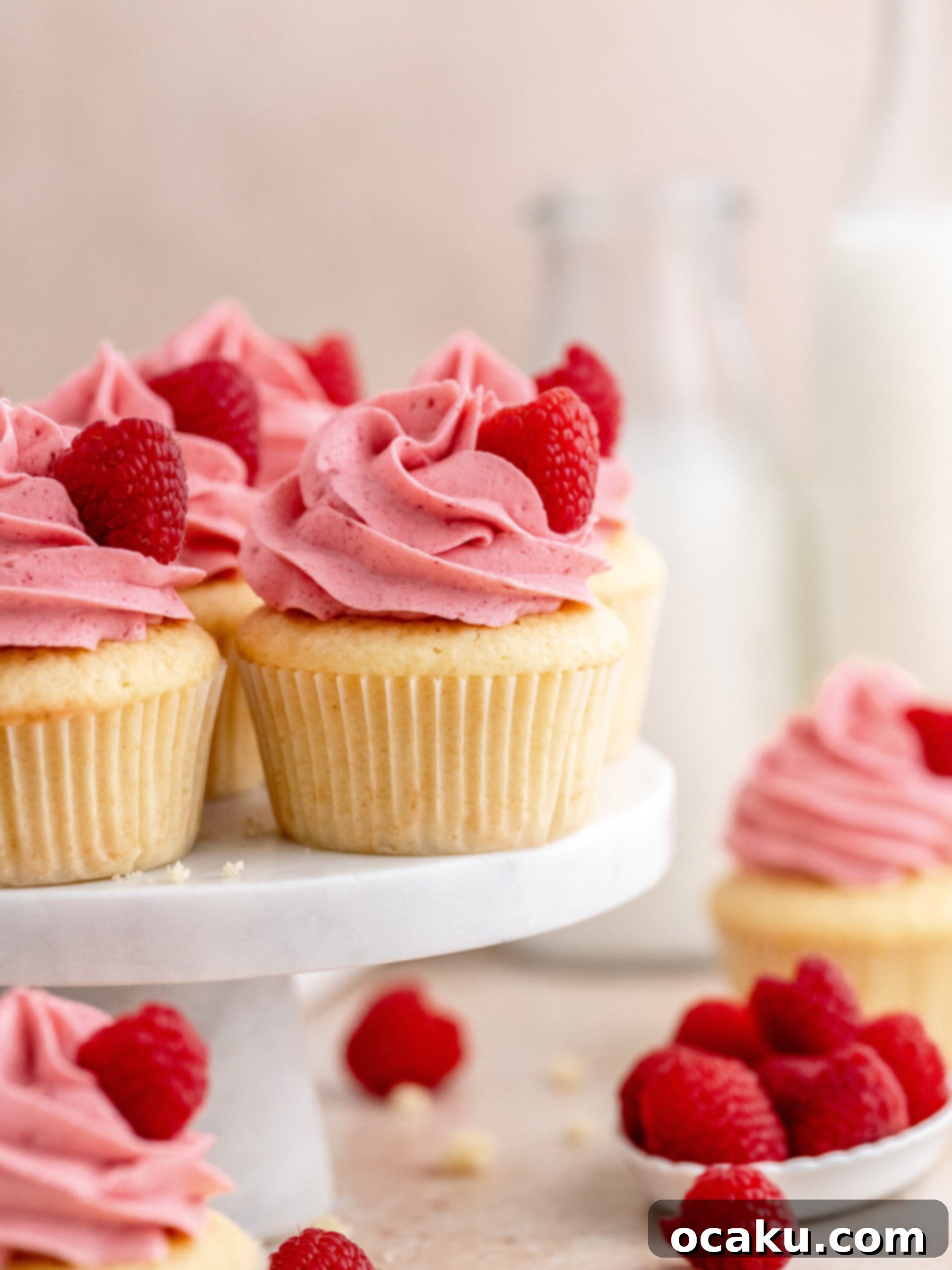 Luscious Raspberry Cupcakes 13 Three raspberry cupcakes arranged artfully on a cooling rack.
