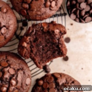 Perfectly baked Triple Chocolate Muffins, showcasing a beautiful dome and chocolate chips.