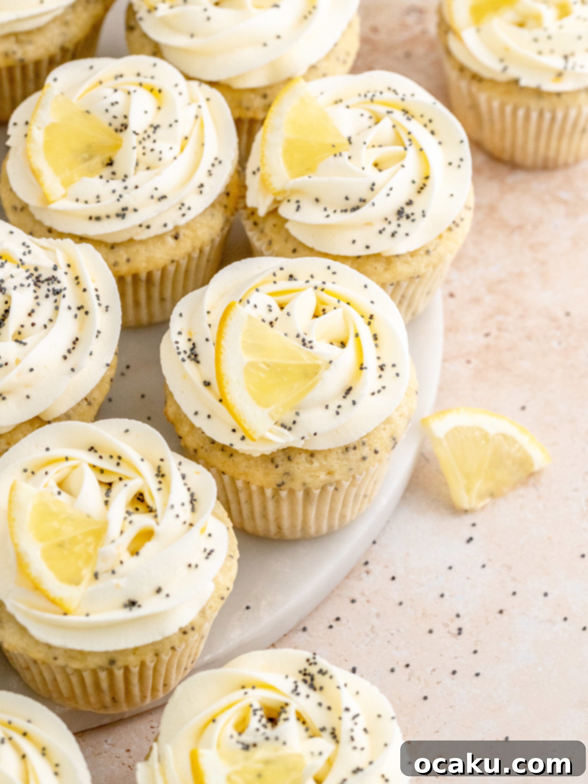 Zesty Lemon Poppy Seed Delights 10 Piping lemon buttercream onto a cupcake with a star tip