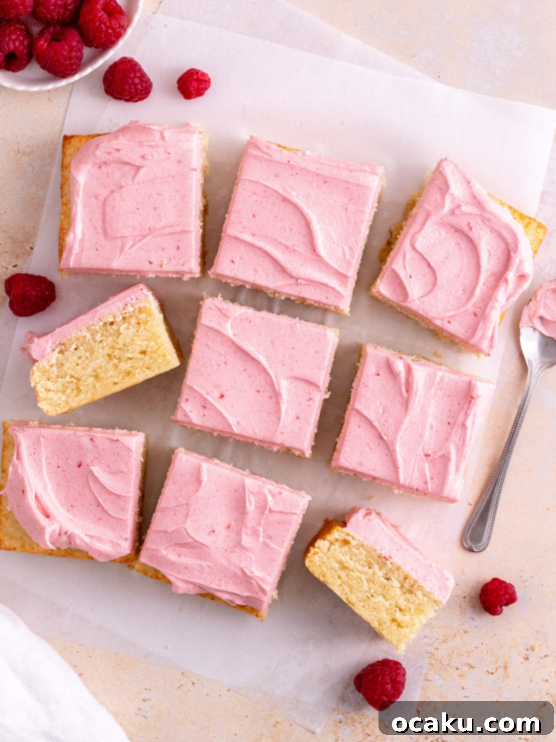 Almond Raspberry Cake with Raspberry Buttercream Close-up of fluffy raspberry buttercream on Almond Raspberry Cake.