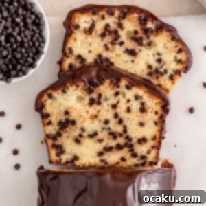 A freshly baked chocolate chip loaf cake with ganache