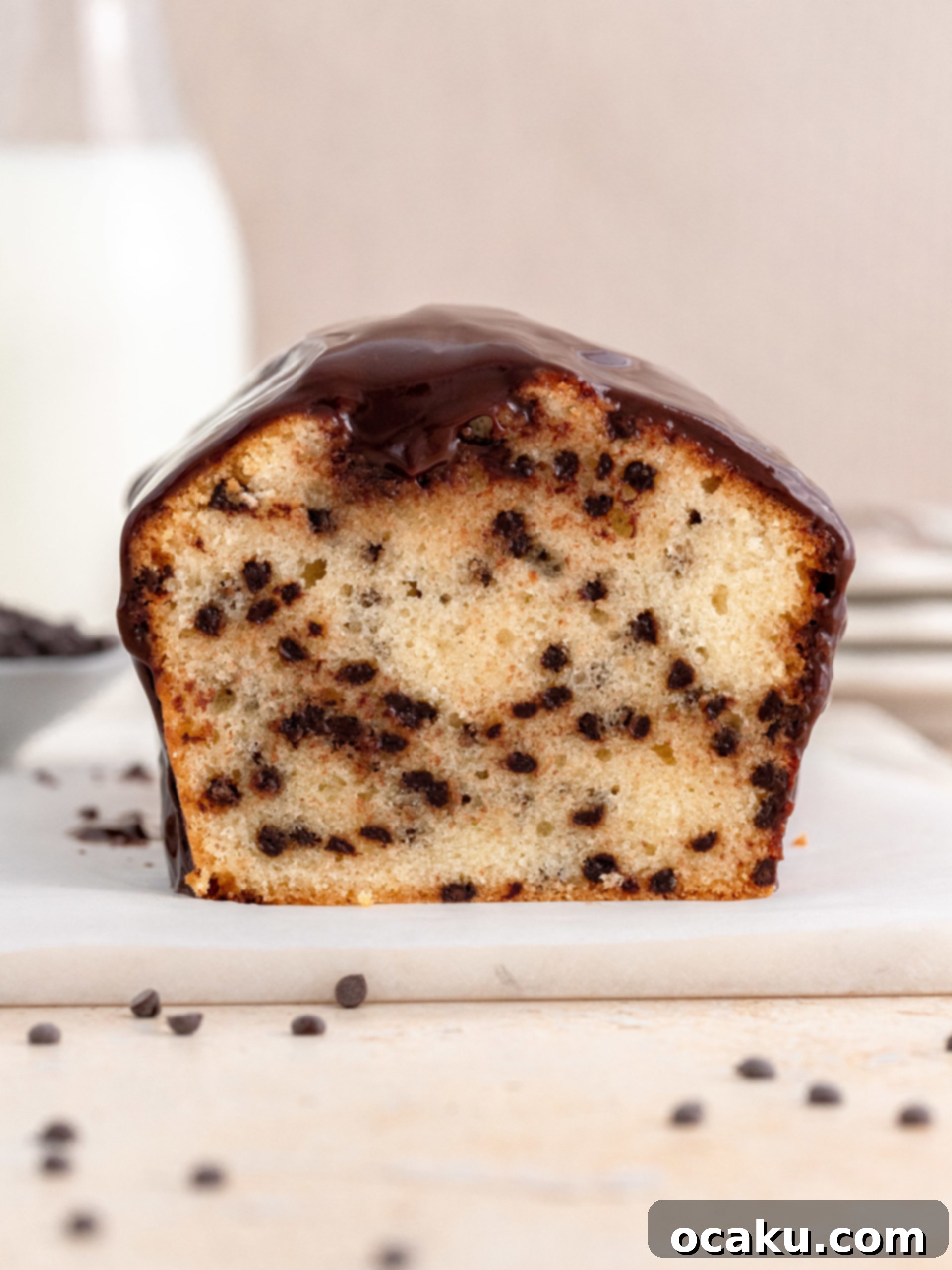 Close-up of a chocolate chip loaf cake on a wire rack, showing its golden crust and chocolate ganache.