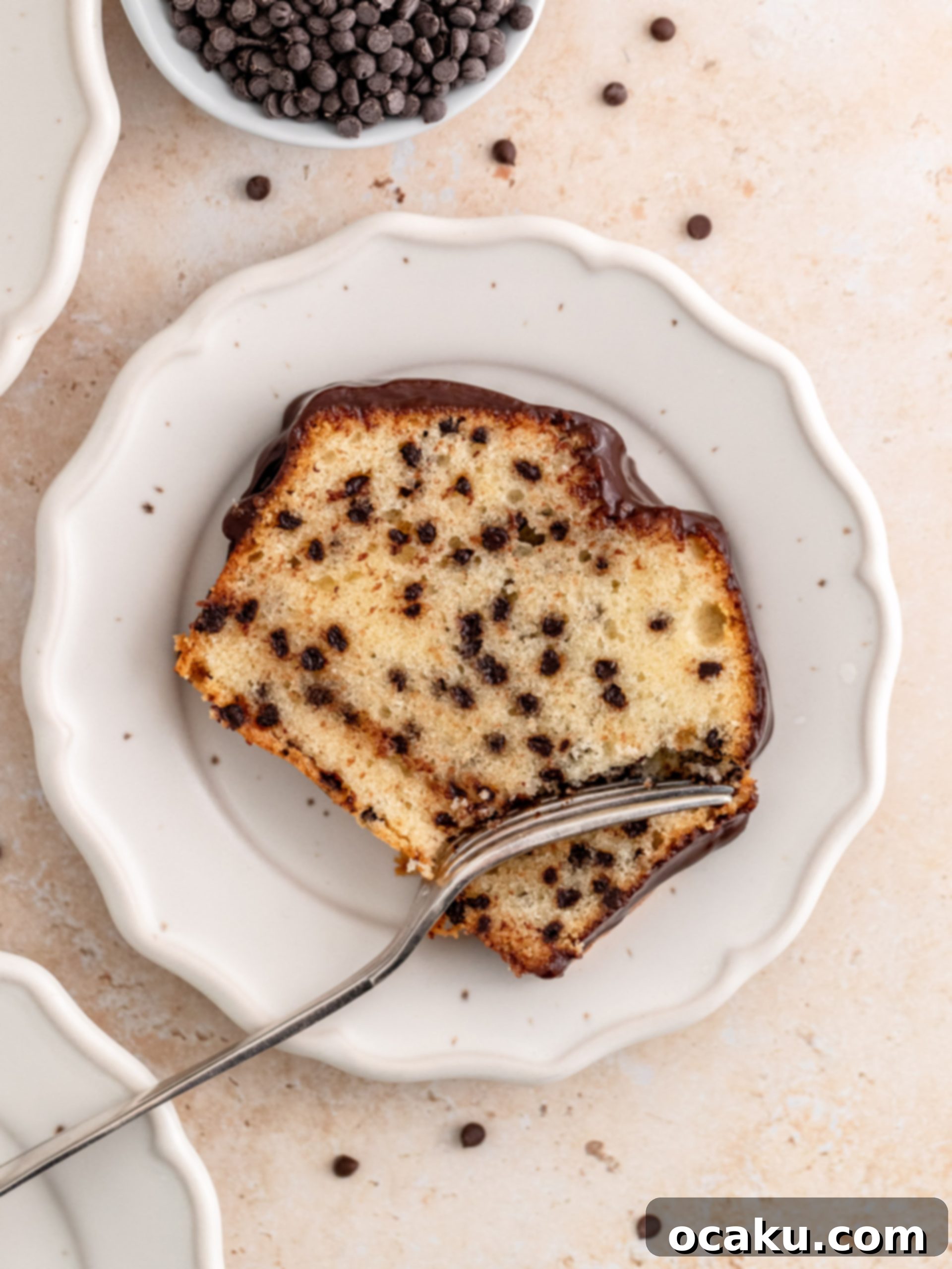 A perfectly baked chocolate chip loaf cake on a cooling rack.