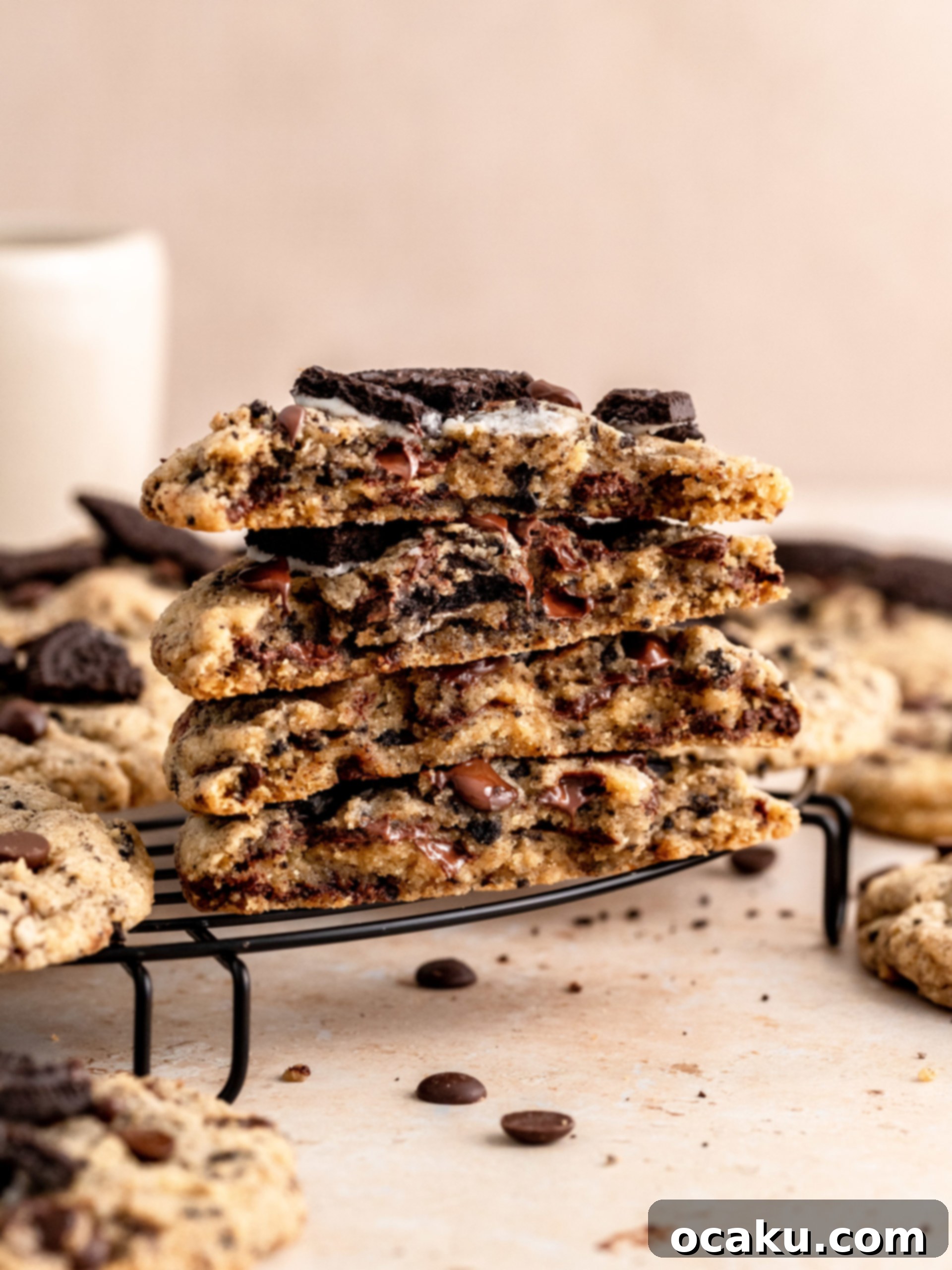 Oreo Chocolate Chip Cookies presented beautifully on a wooden tray.