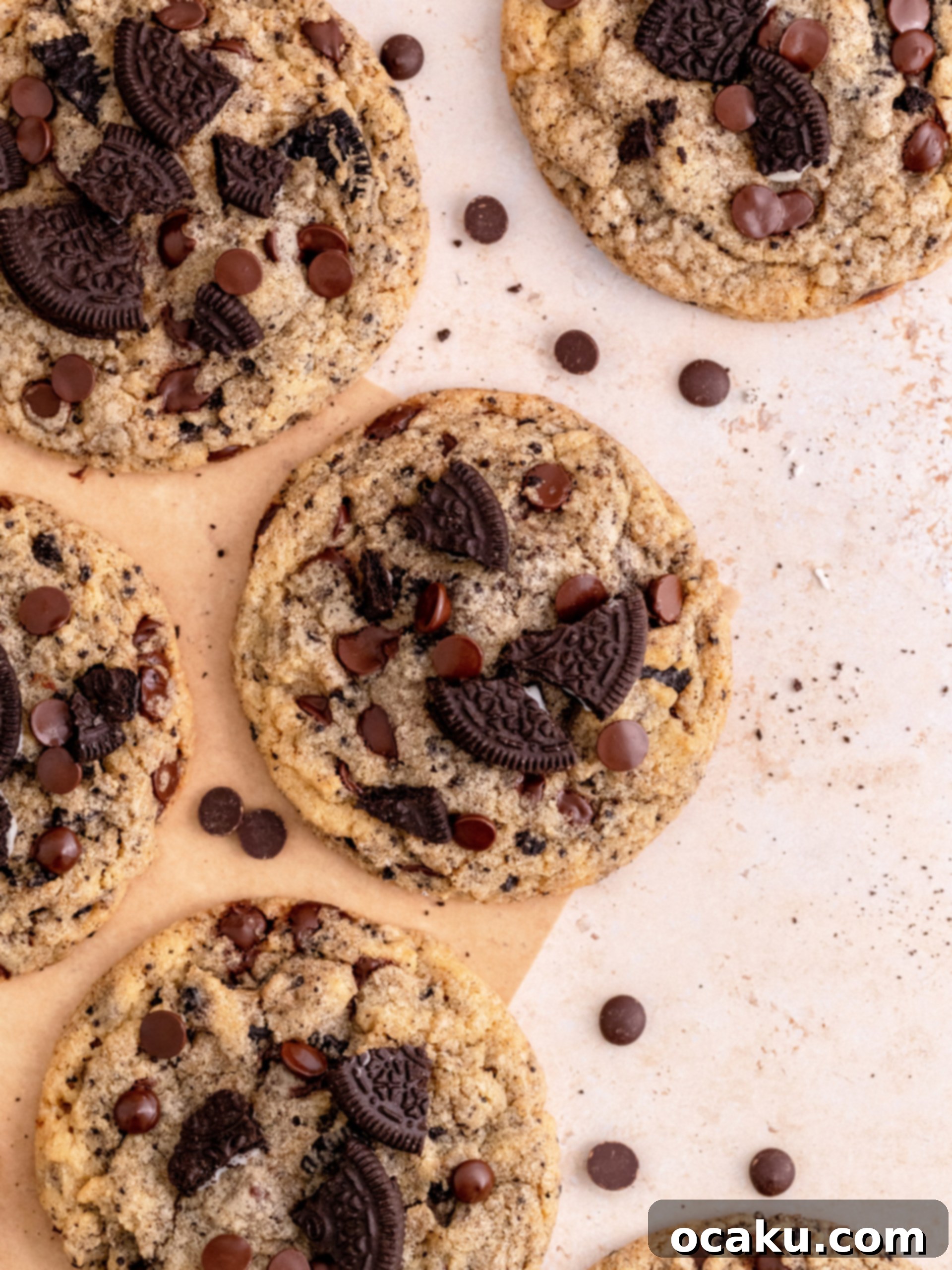 Close-up of baked Oreo Chocolate Chip Cookies on a cooling rack, showcasing their golden-brown edges and soft centers.