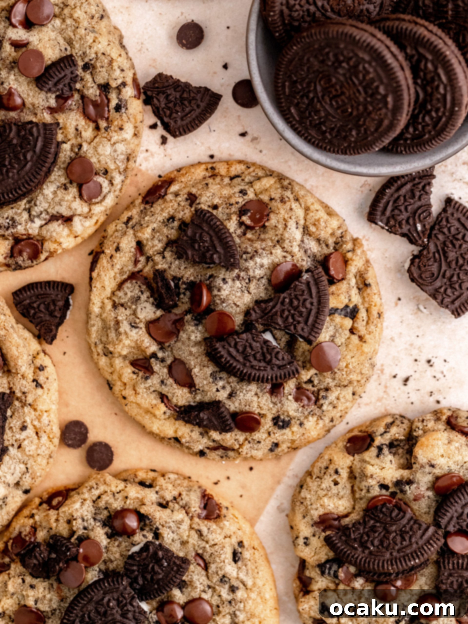 Stack of freshly baked Oreo Chocolate Chip Cookies with milk on a wooden board.