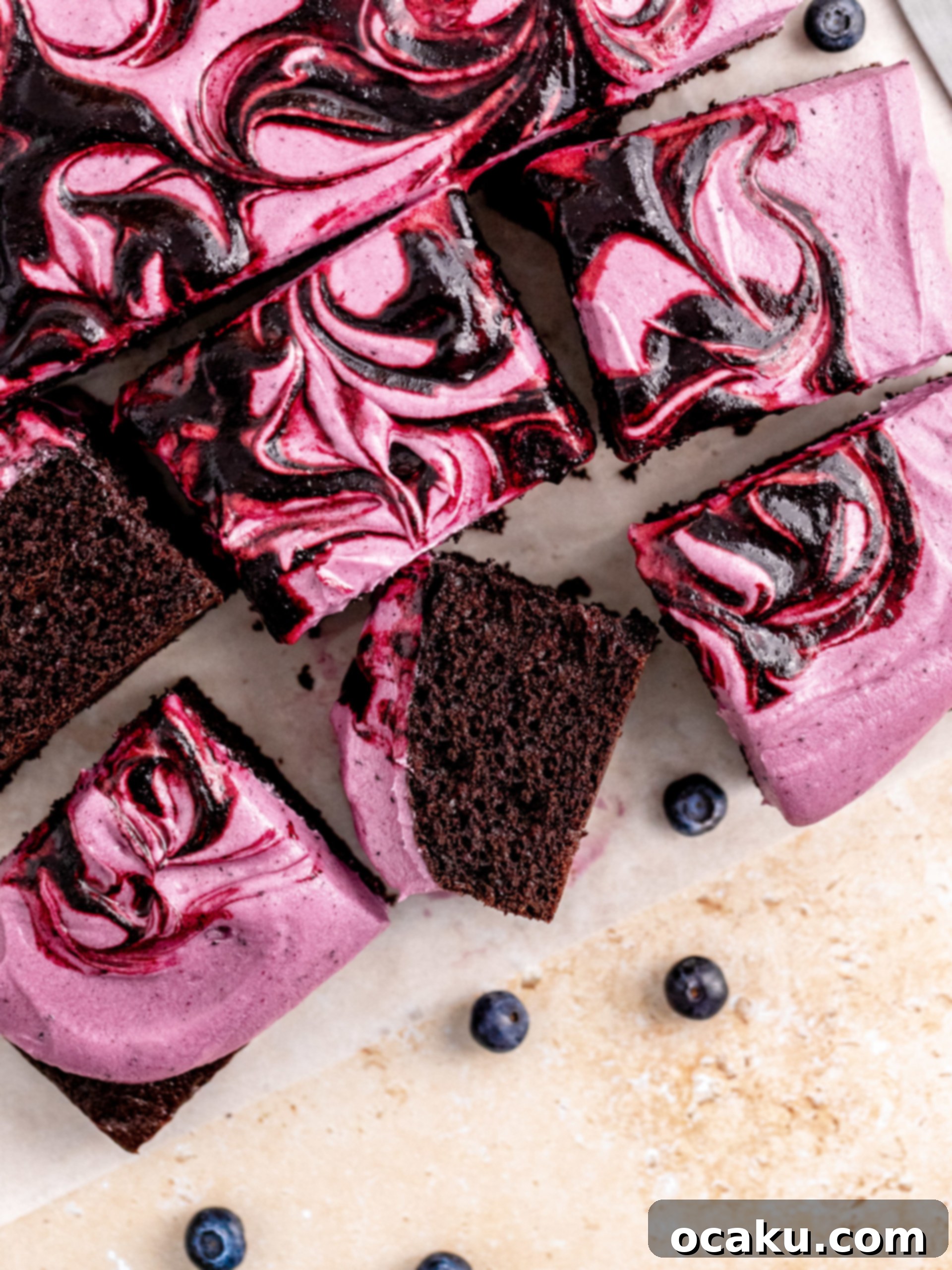 Blueberry Midnight Dream 9 Slice of Blueberry Chocolate Cake with creamy swirled frosting