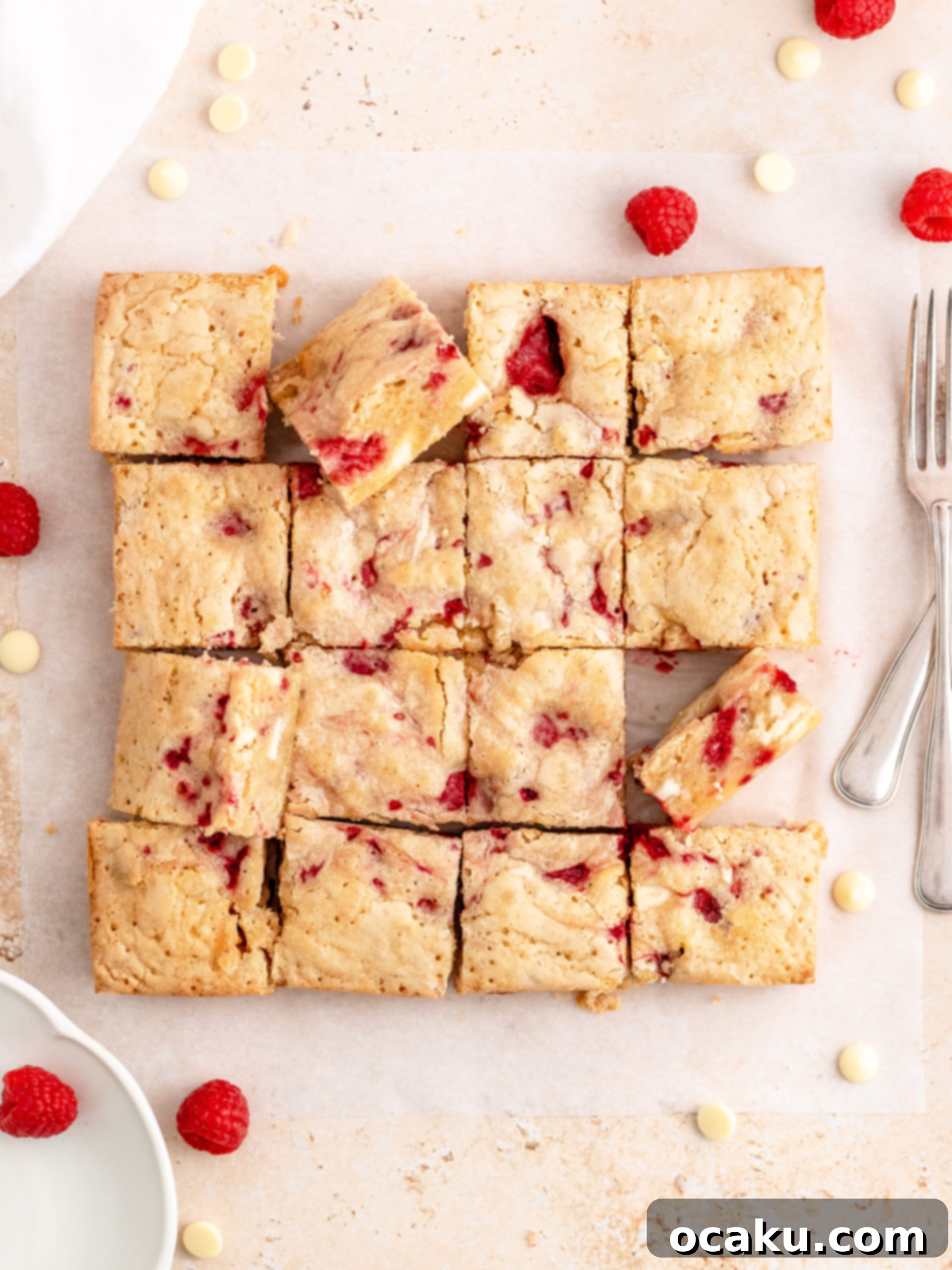 Close-up of freshly baked Raspberry and White Chocolate Blondies