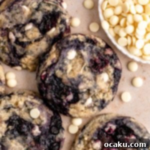 Close-up of baked Lemon Blueberry Cookies with white chocolate chips