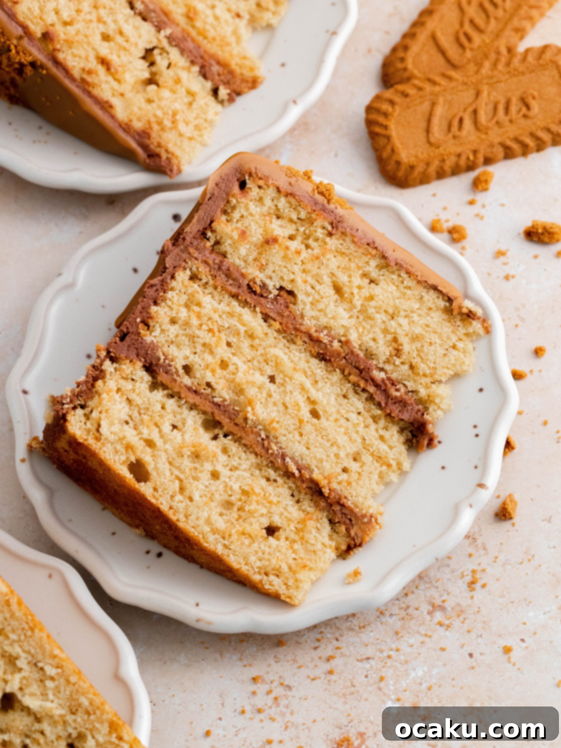 A beautifully decorated Biscoff Layer Cake on a cake stand, ready to be served