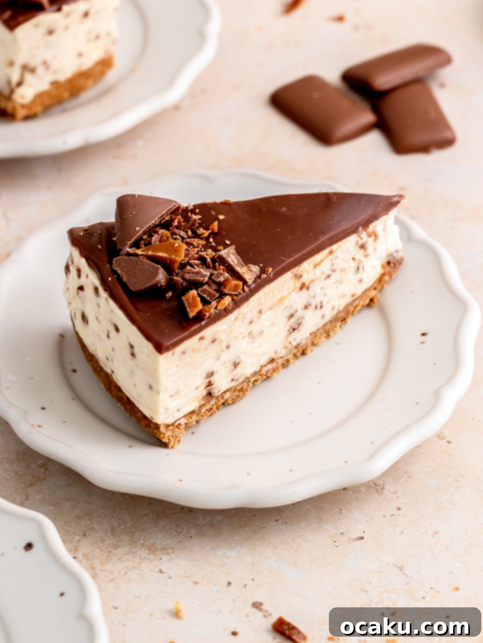 A top-down view of the decorated No-Bake Daim Cheesecake, glistening with ganache and chopped Daims.