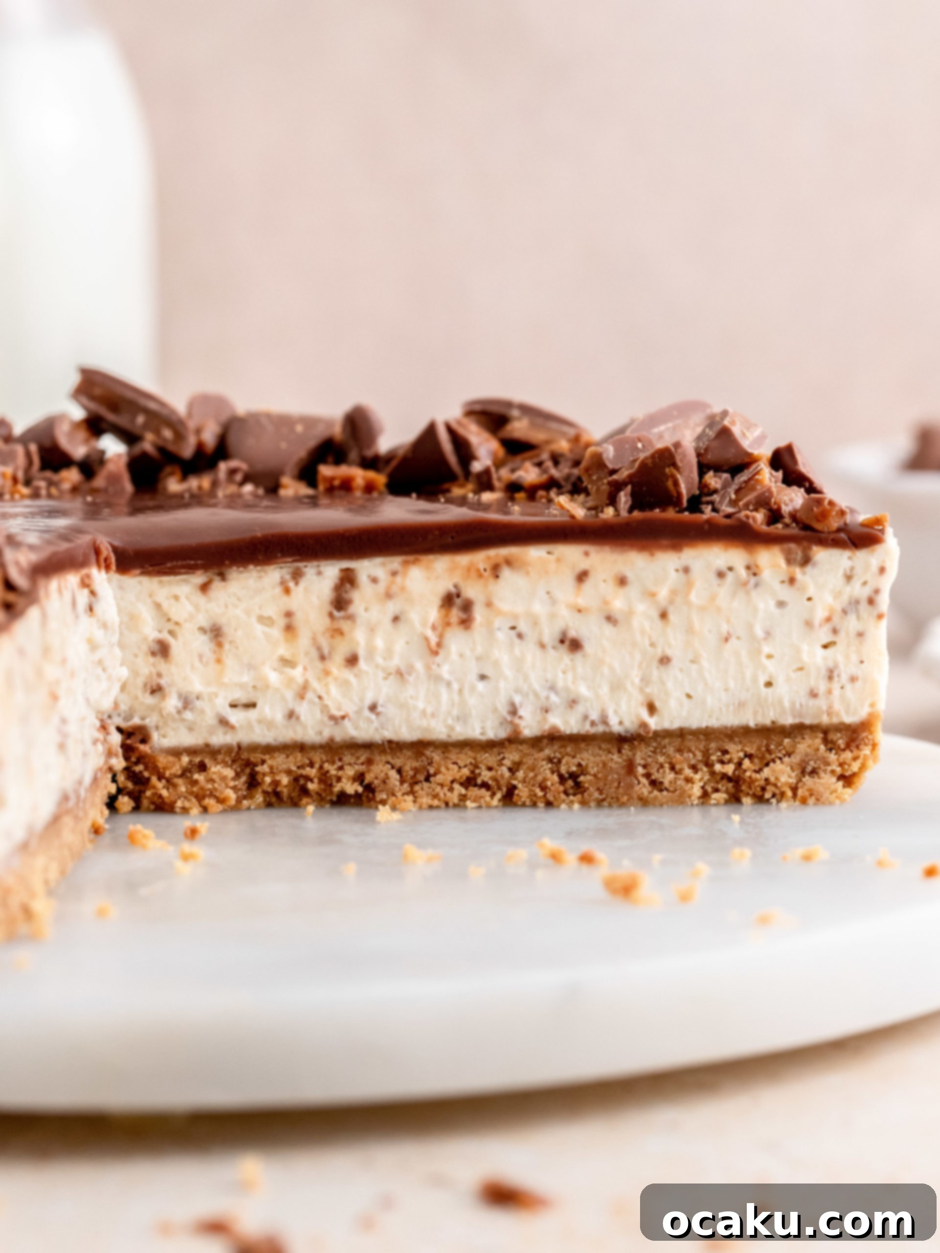 Close-up of the smooth, creamy No-Bake Daim Cheesecake filling with crunchy Daim pieces visible.