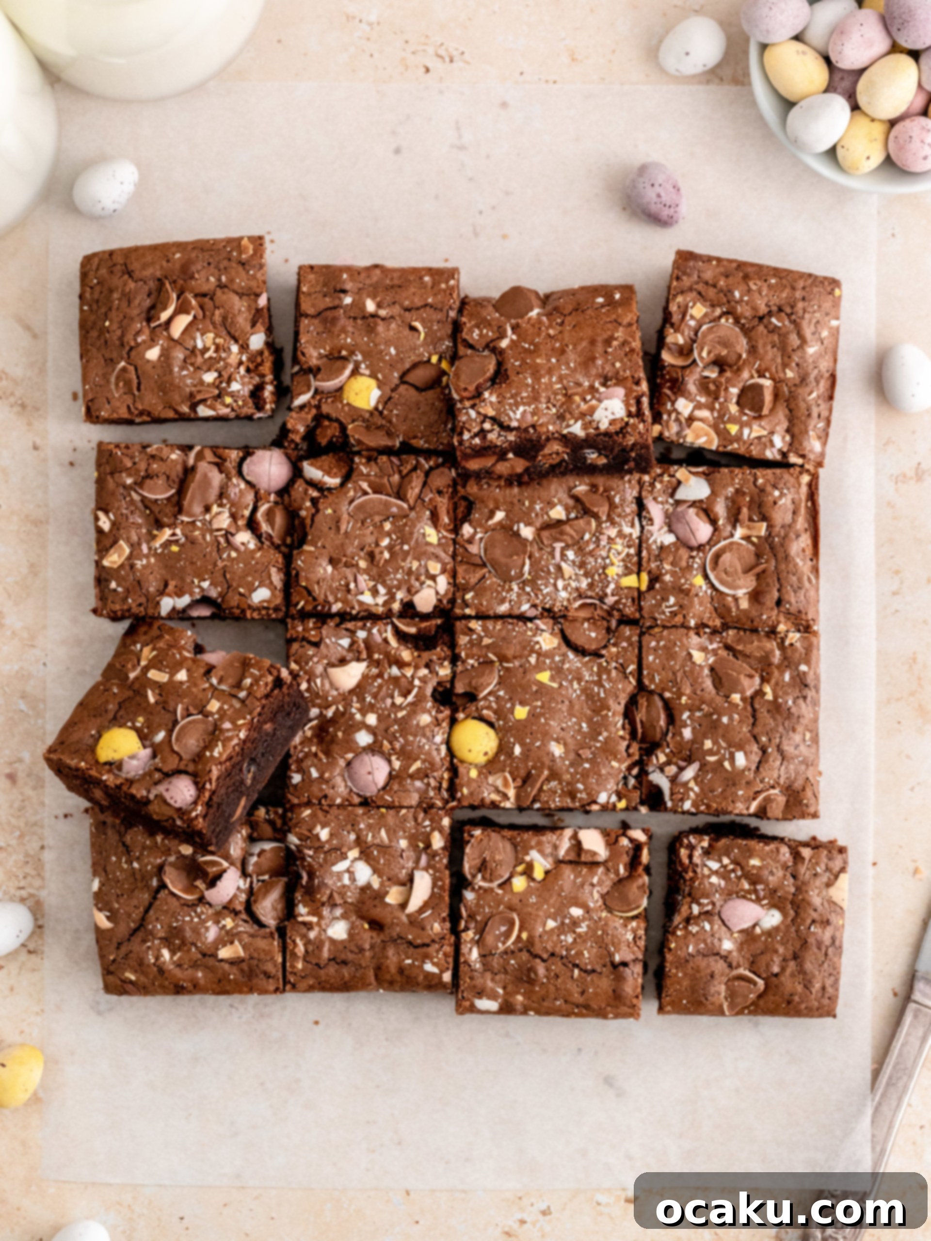 Decadent Fudgy Mini Egg Brownies, perfect for Easter celebrations, showcasing their rich chocolate texture and colorful candy egg inclusions.