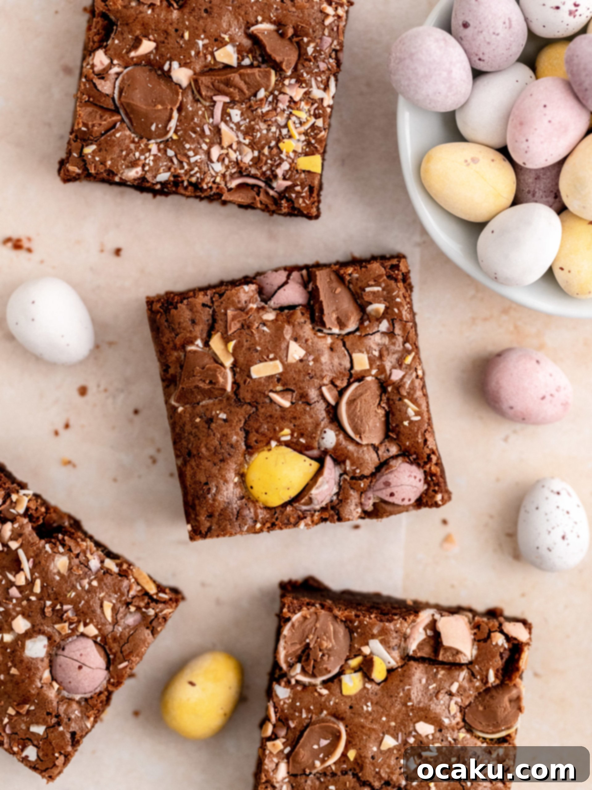 A top-down view of the beautifully arranged Mini Egg Brownies in a square pan, ready to be served.