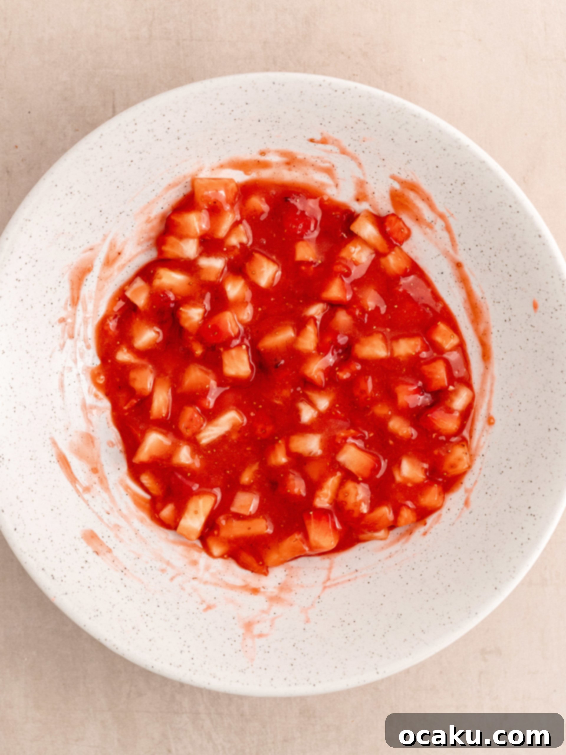 Sweet Strawberry Vanilla Cupcakes 10 Blended strawberry compote cooling in a bowl