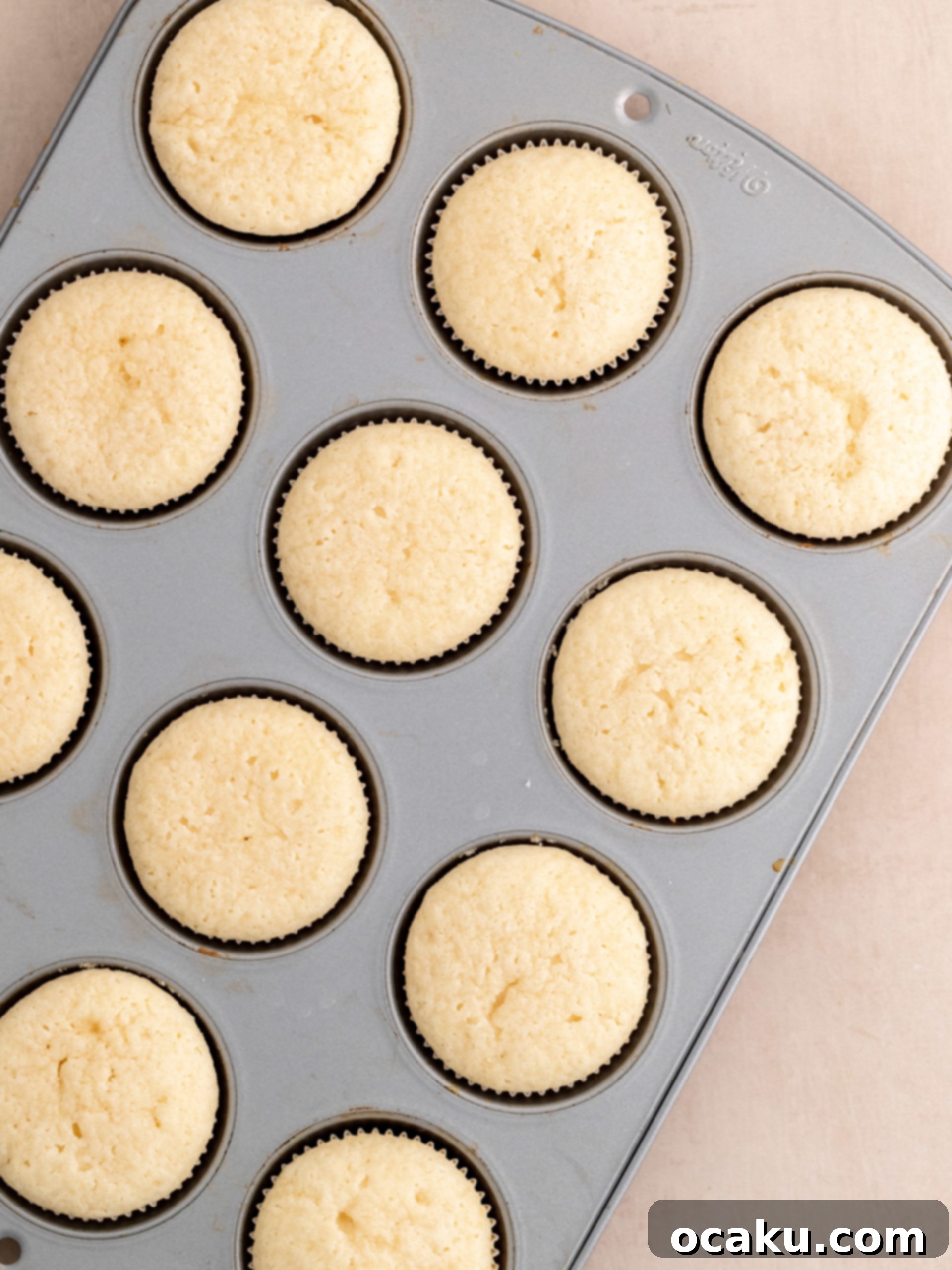 Sweet Strawberry Vanilla Cupcakes 8 Baked cupcakes cooling on a wire rack
