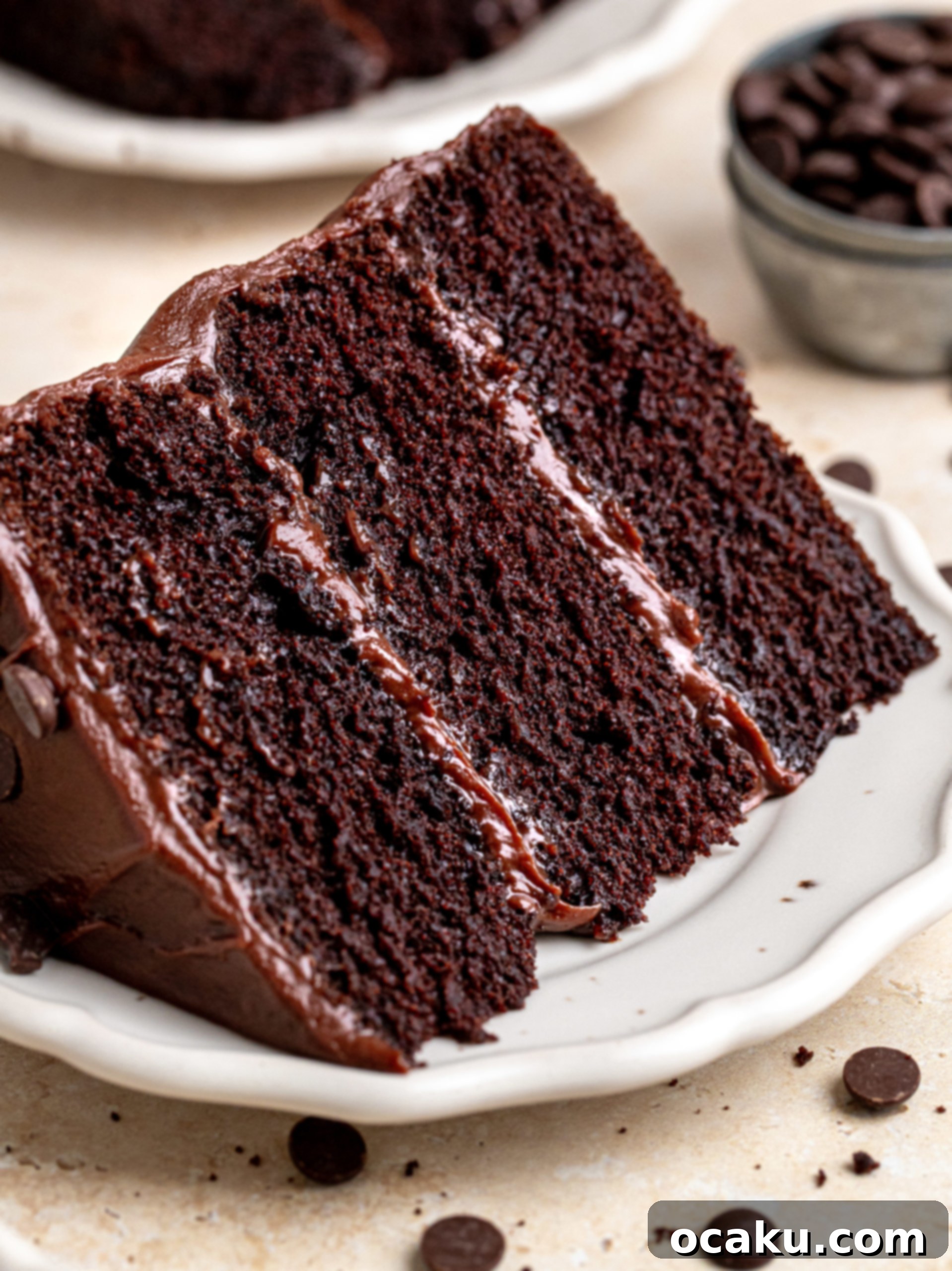 A stunning three-layer chocolate fudge cake with rich frosting and chocolate shavings.