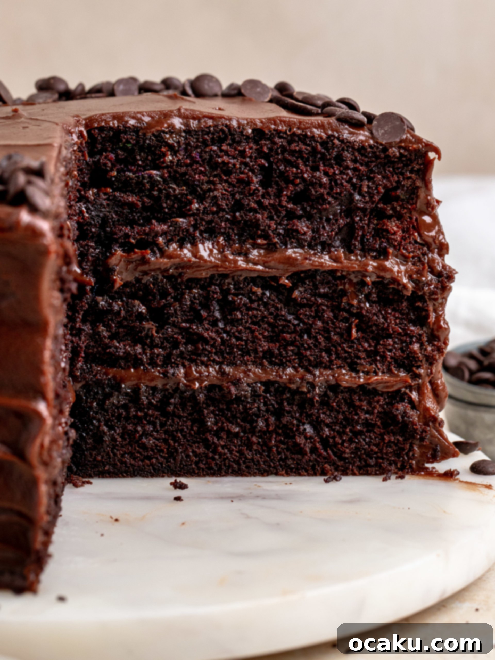 Close-up of a slice of chocolate fudge cake showing moist layers and thick frosting.