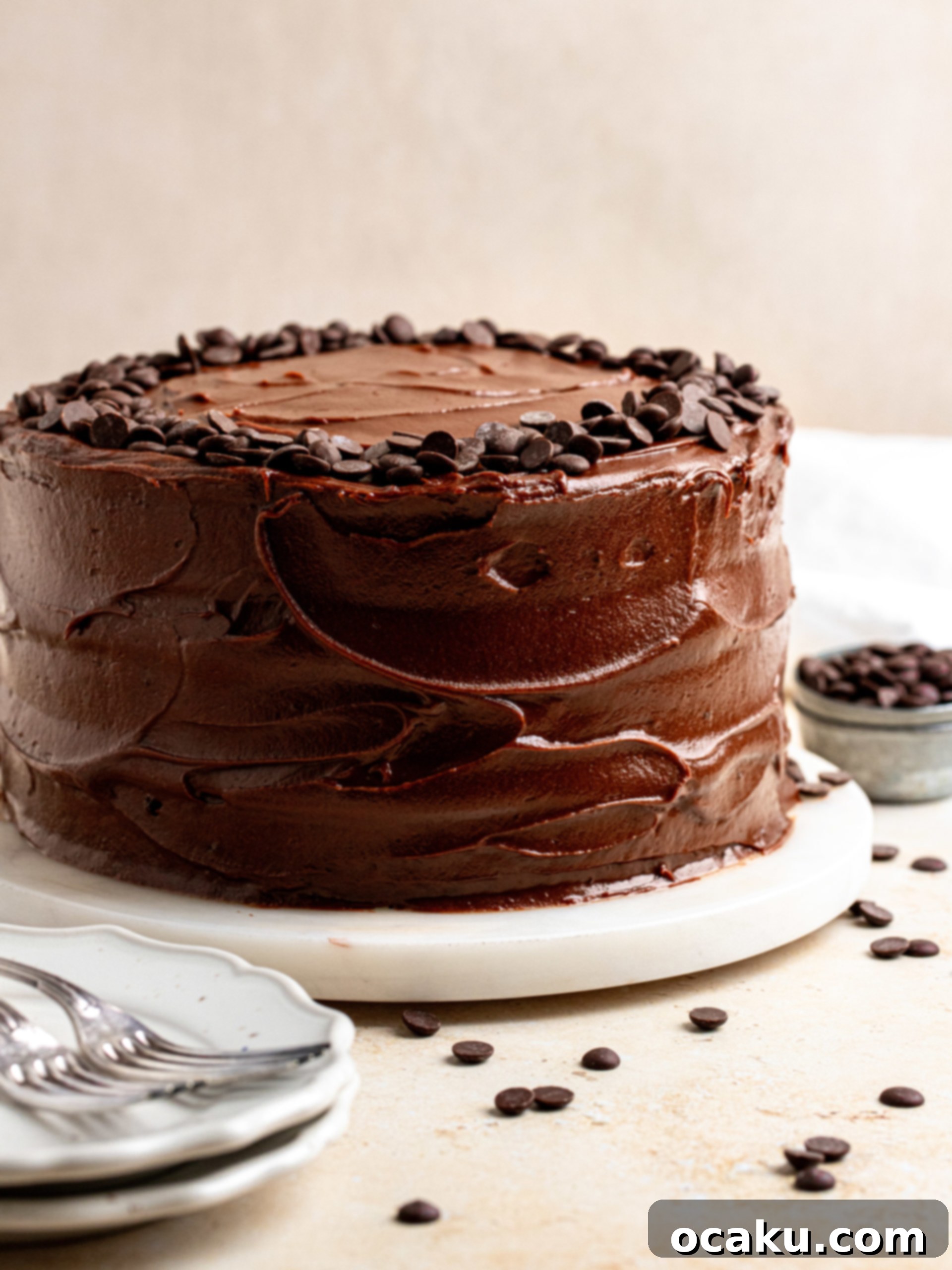 A beautifully frosted chocolate fudge cake slice, showing its moist interior.