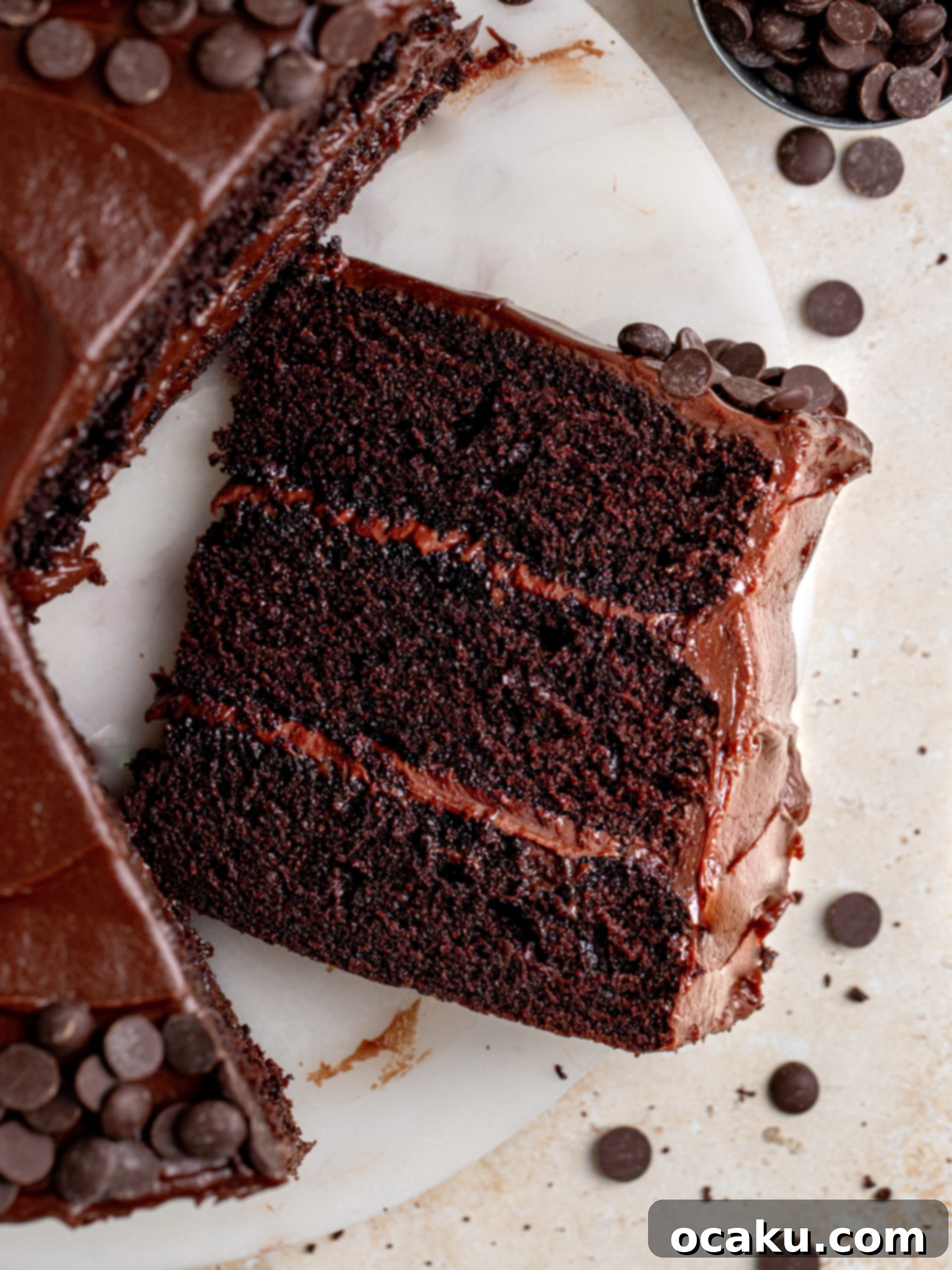 A whole chocolate fudge cake ready to be served, showcasing its rich frosting.