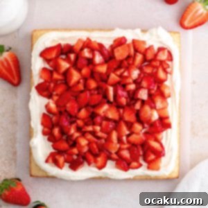 A slice of Strawberry Vanilla Cake with buttercream and fresh strawberries.