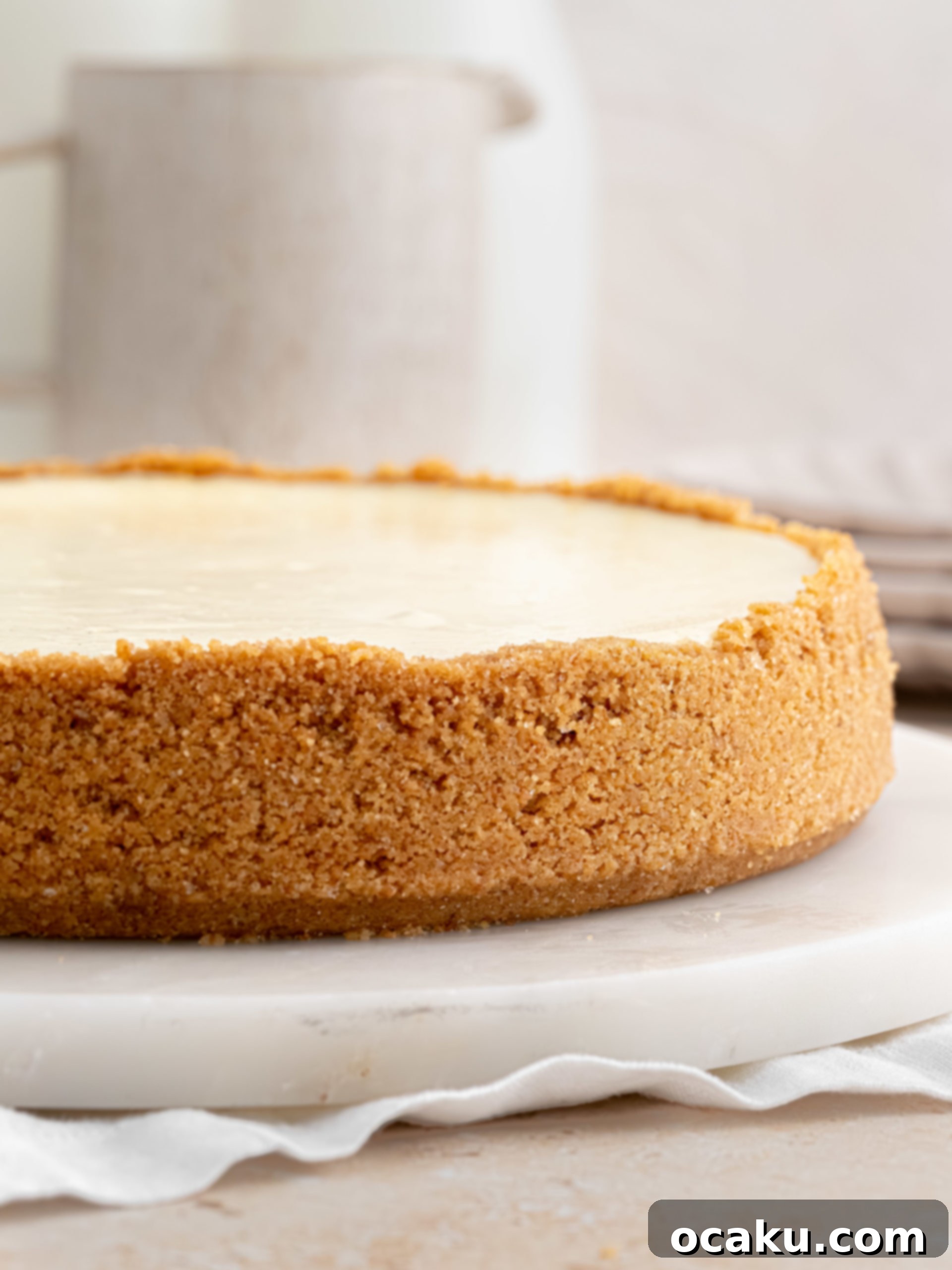 Vanilla Cheesecake Batter Close-up of the smooth, creamy vanilla cheesecake batter being poured into the crust