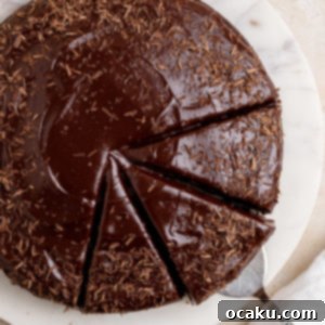 A delicious slice of chocolate ganache cake, ready to be eaten.