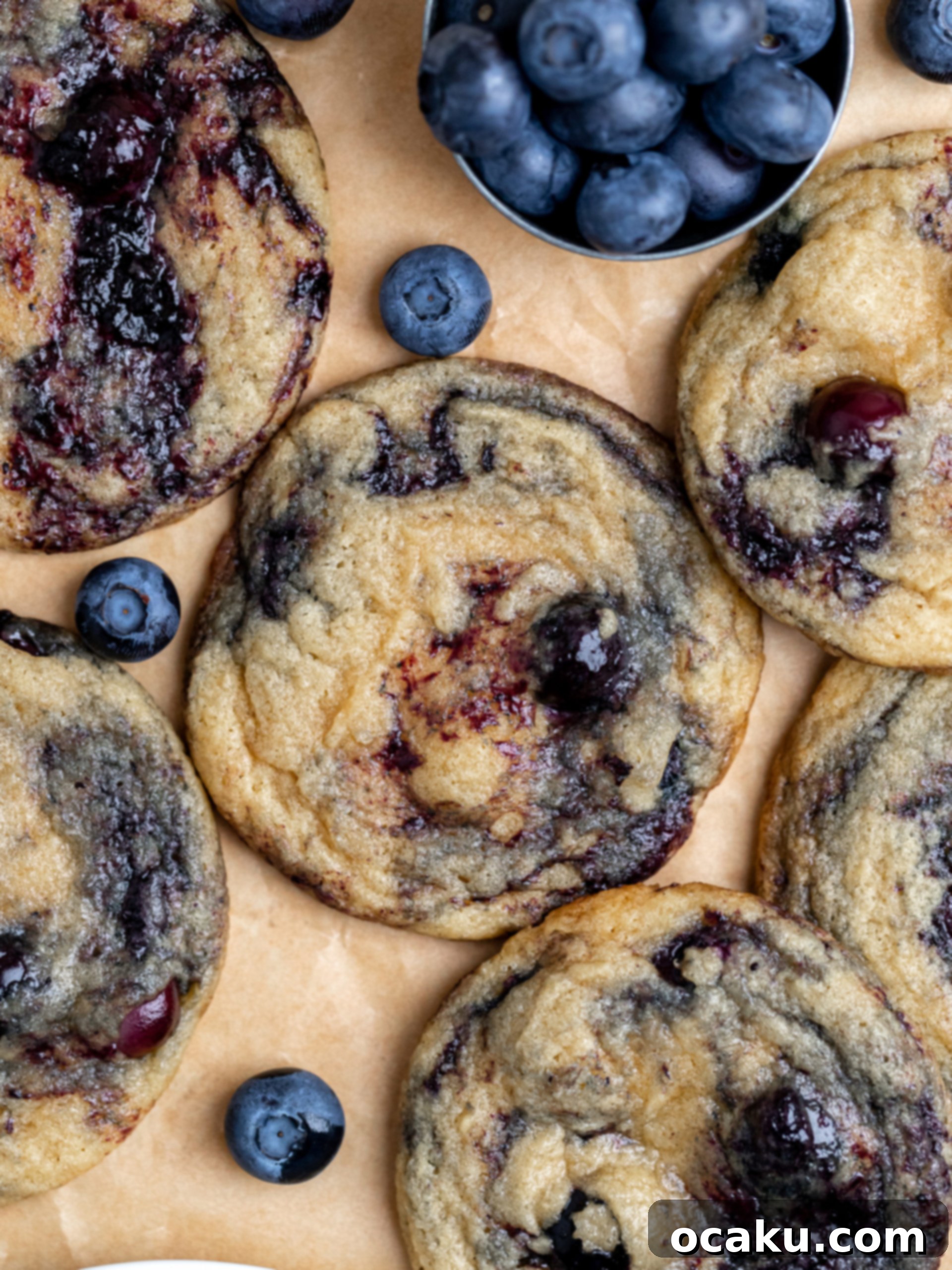Berry Bliss Cookies 2 Freshly baked blueberry cookies with crispy edges and a soft, chewy center, bursting with real blueberry flavor.