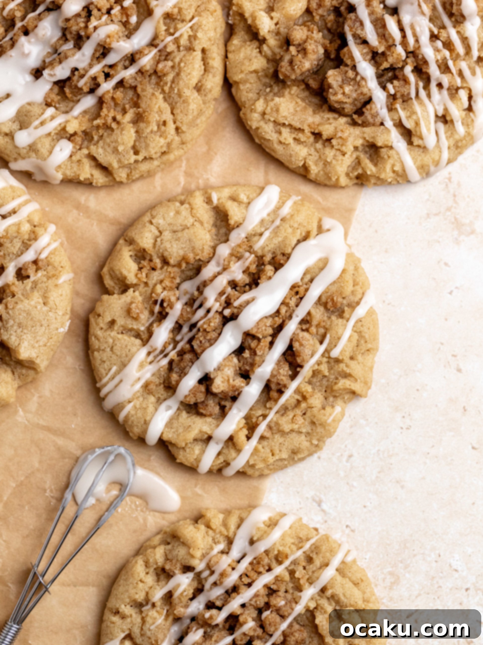 Streusel Coffee Cake Cookies 2 Close-up of a stack of Coffee Cake Cookies with streusel topping and vanilla glaze