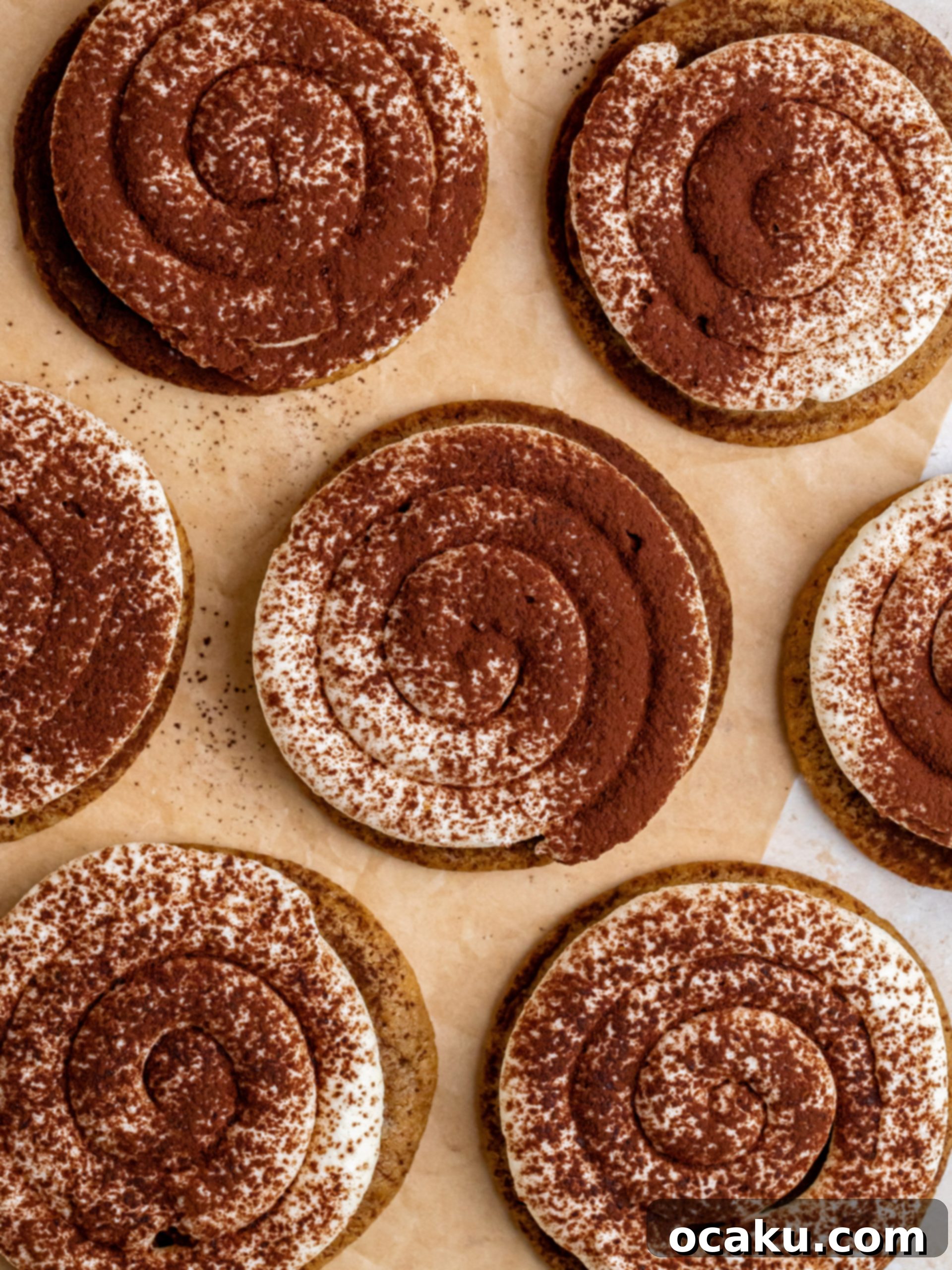 Coffee Mascarpone Cookies 11 Finished Tiramisu Cookie being dusted with cocoa powder through a sieve.