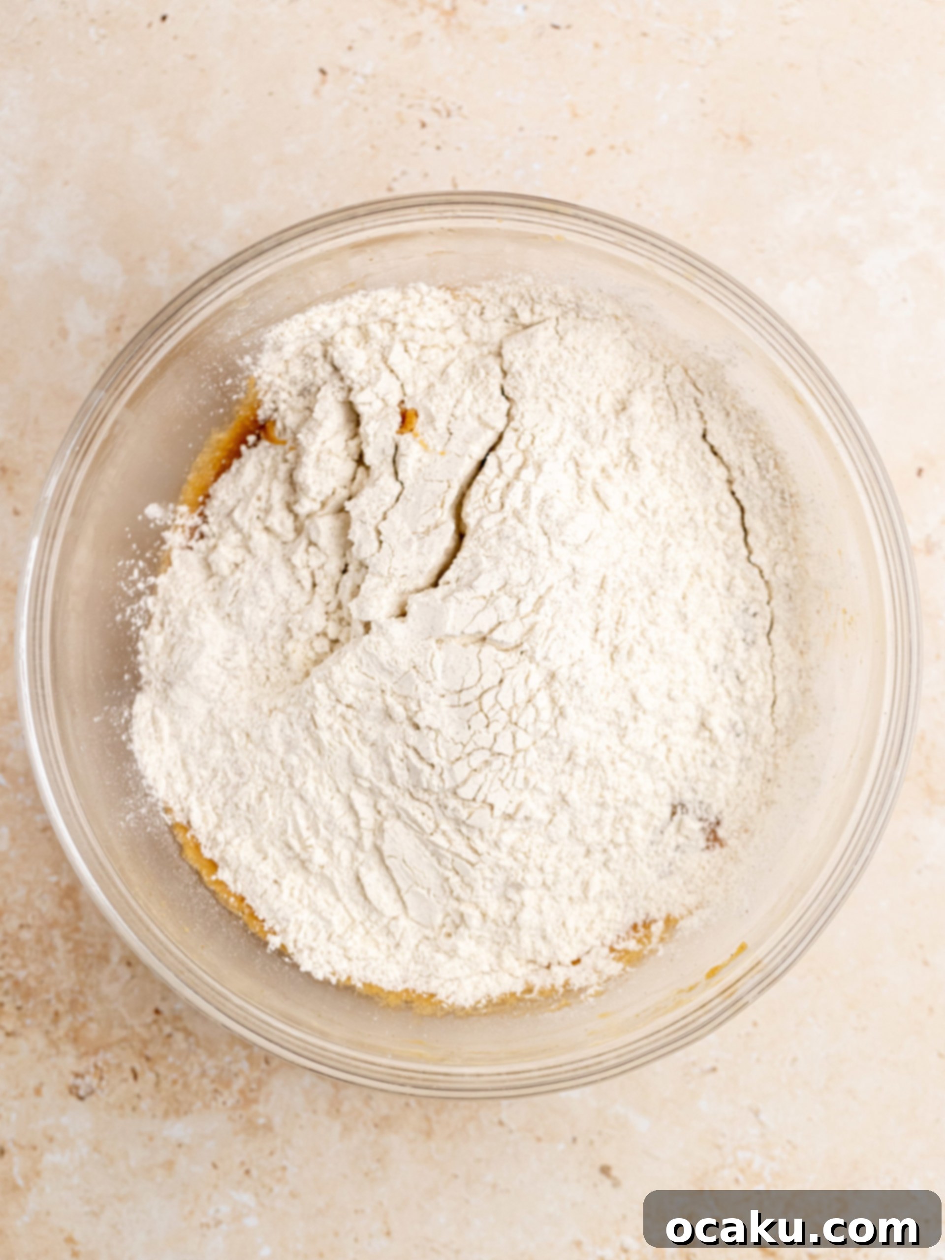 Coffee Mascarpone Cookies 6 Dry ingredients added to the wet mixture, ready to be combined.