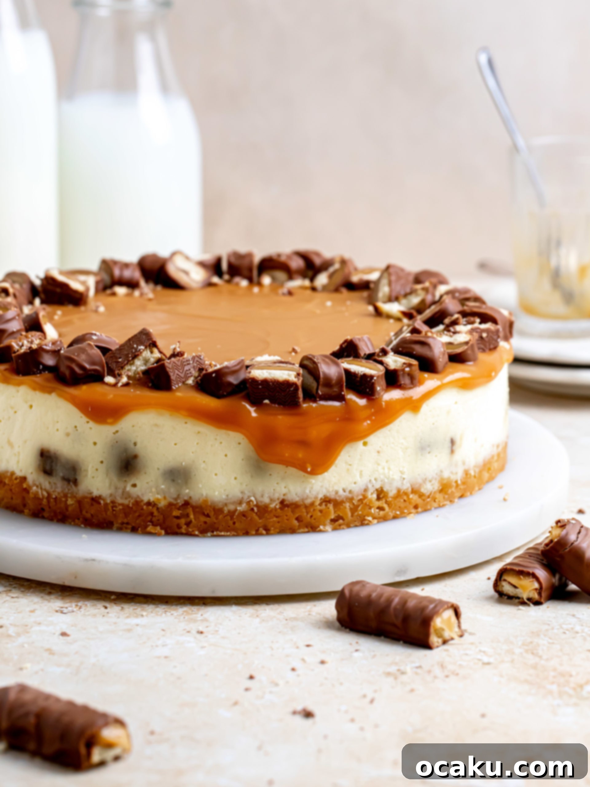 Twix Caramel Cheesecake 11 Step-by-step image showing heated heavy cream being added to caramelized sugar, creating a bubbling mixture.