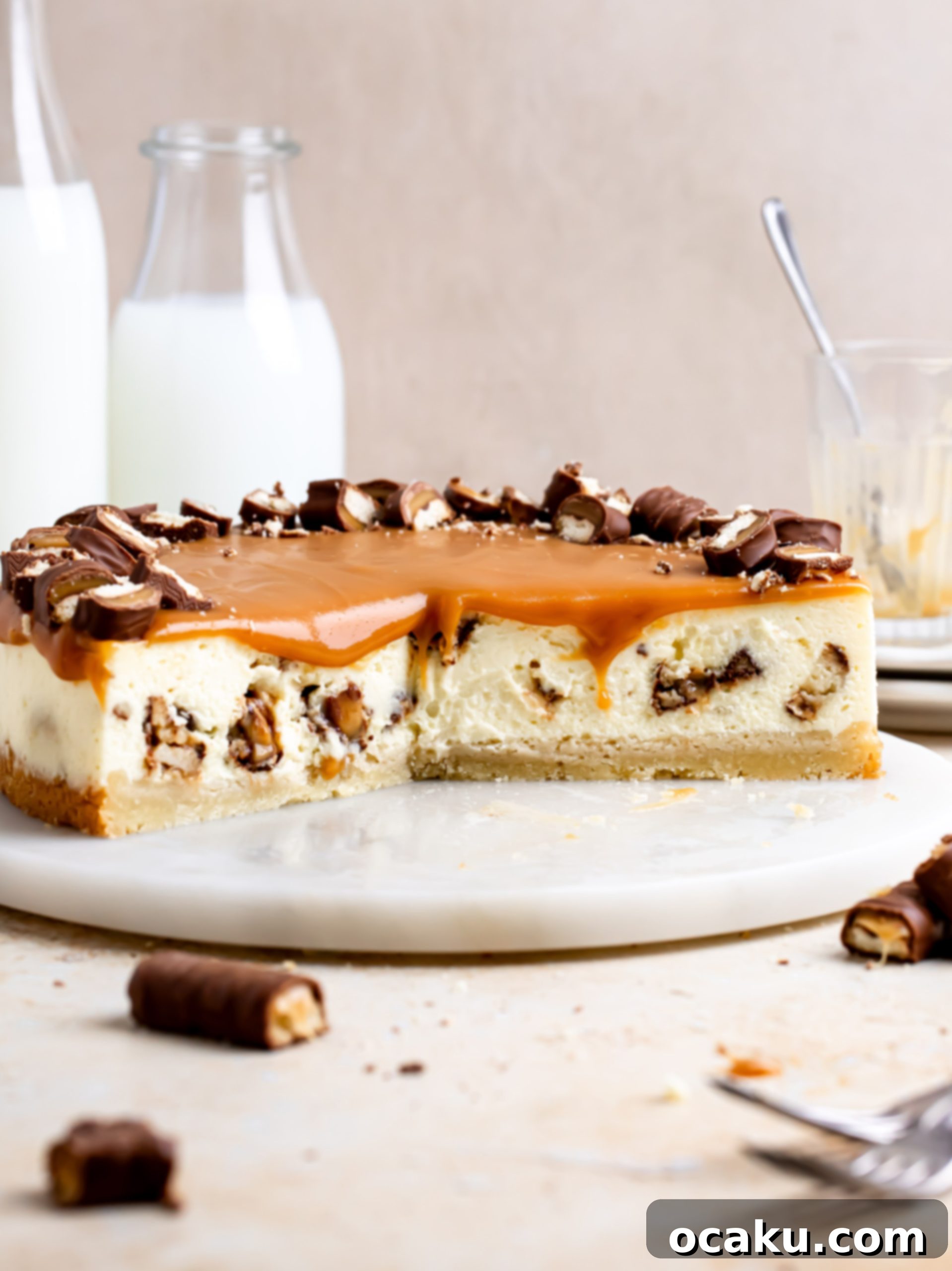 Twix Caramel Cheesecake 12 A whole Twix Cheesecake, perfectly set with a smooth caramel topping and Twix pieces around the edge.