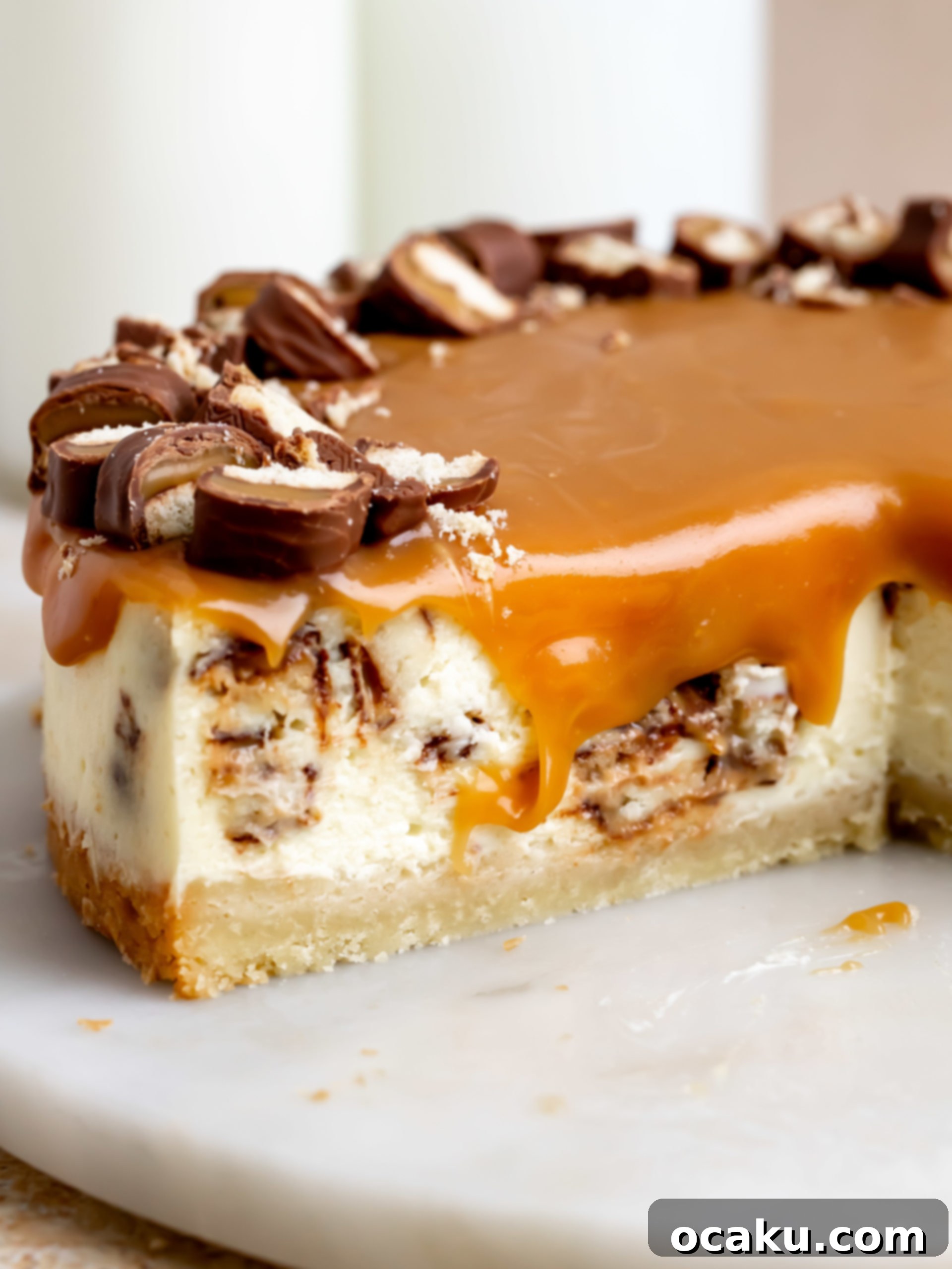 Twix Caramel Cheesecake 13 A full Twix Cheesecake on a serving platter, topped with caramel and chopped Twix bars, ready to be served.