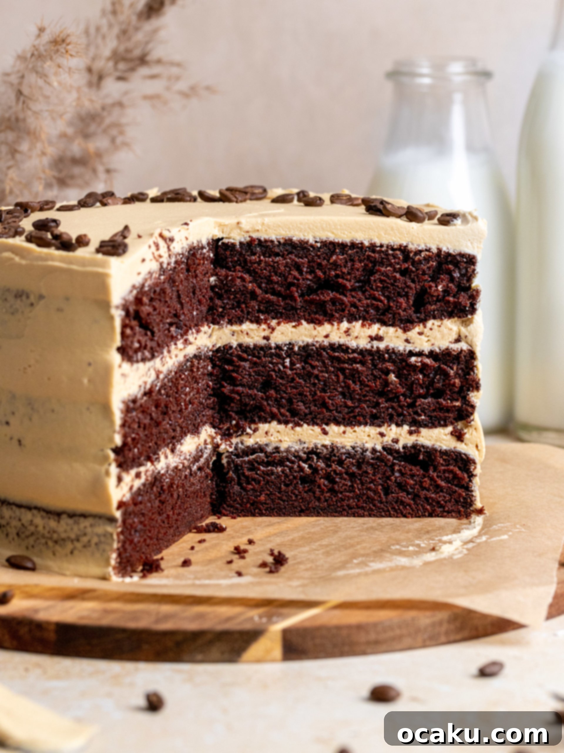 Mocha Fudge Cake 2 A stunning three-layer Coffee Chocolate Cake with smooth coffee buttercream and a sprinkle of coffee beans on top.
