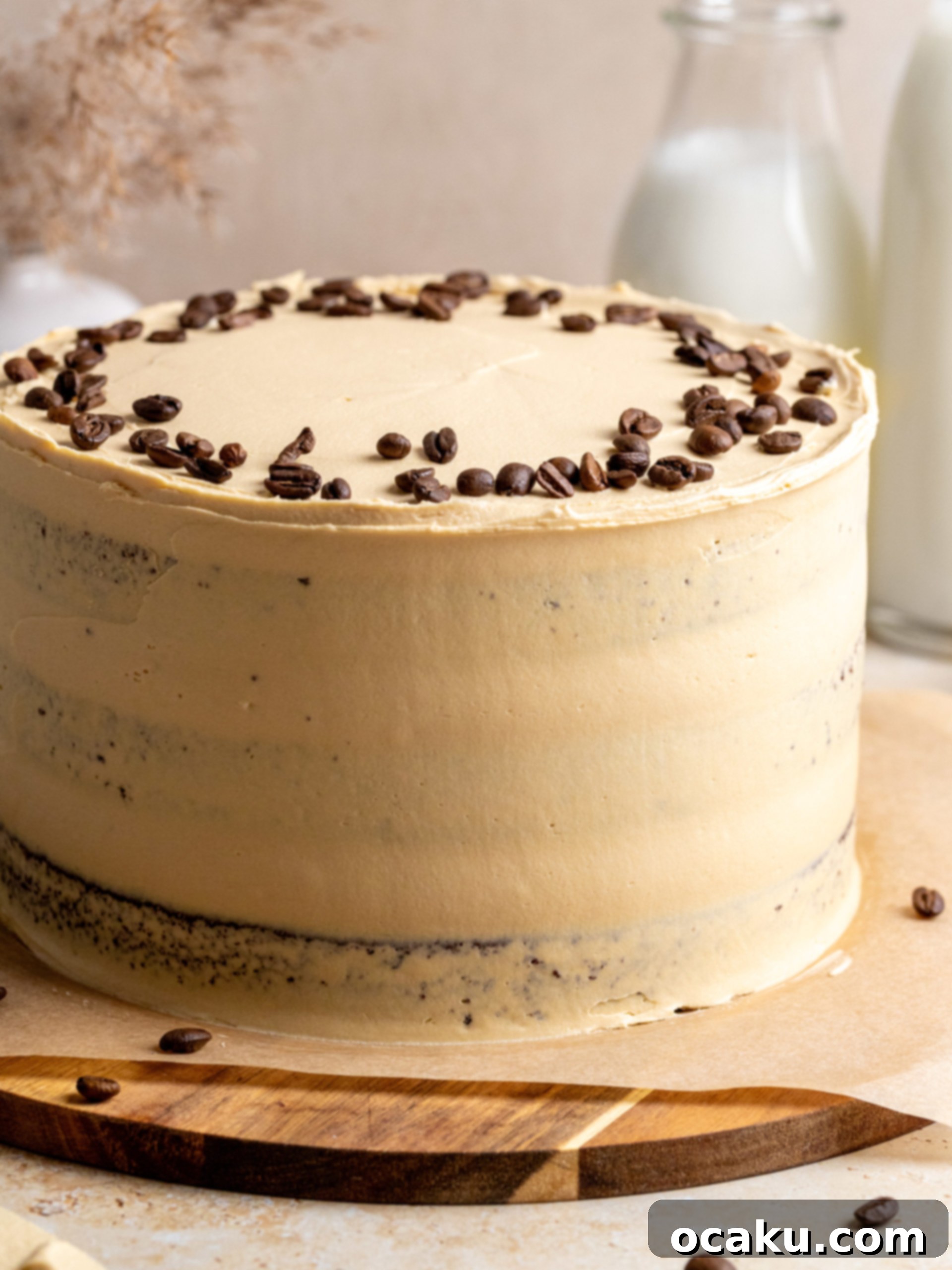 Aperol Spritz Cheesecake A close-up shot of the moist chocolate cake layers peeking through the coffee buttercream frosting, garnished with coffee beans.