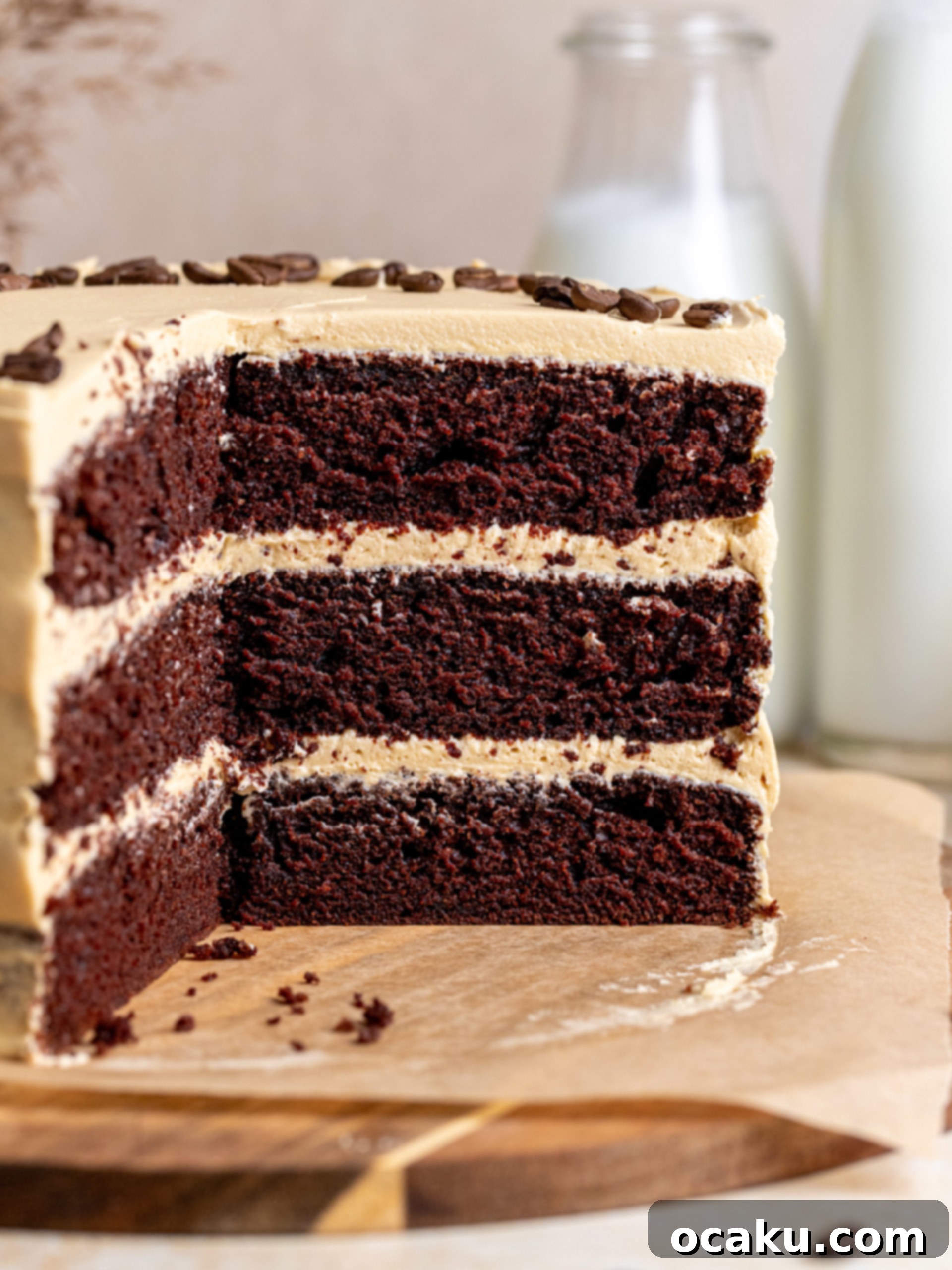 Mocha Fudge Cake 7 A slice of the decadent Coffee Chocolate Cake revealing its beautiful layers and moist texture.