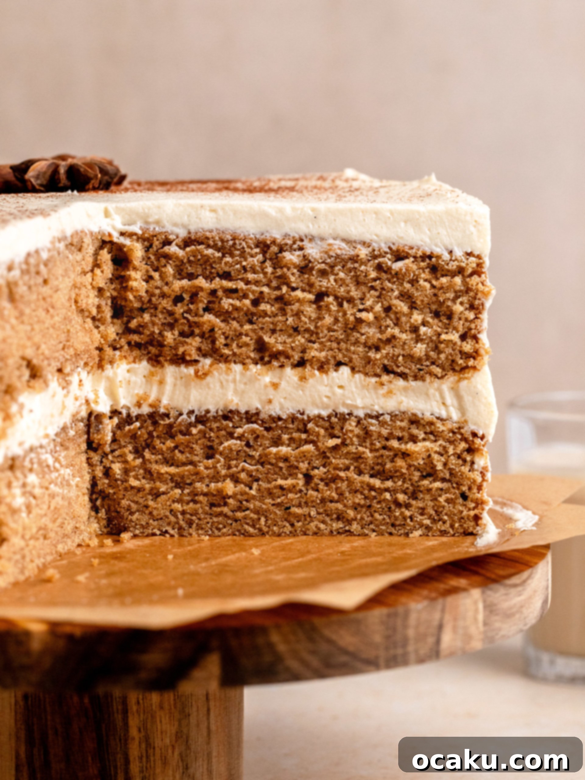 Stacked Chai Cake layers with frosting